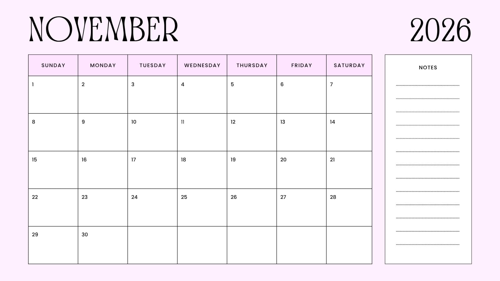 1600x900 Free and printable November 2026 calendar templates