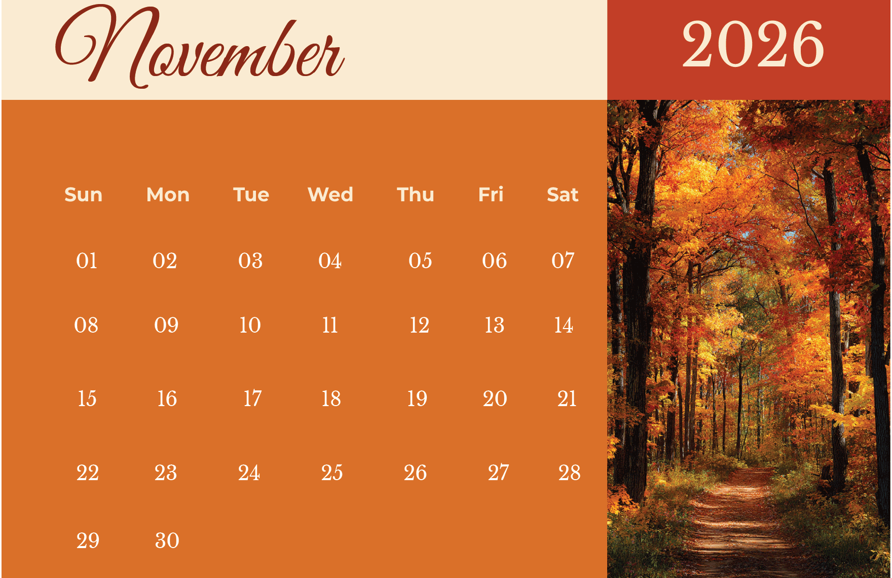 1760x1140 November 2026 Fall Calendar Template to Download