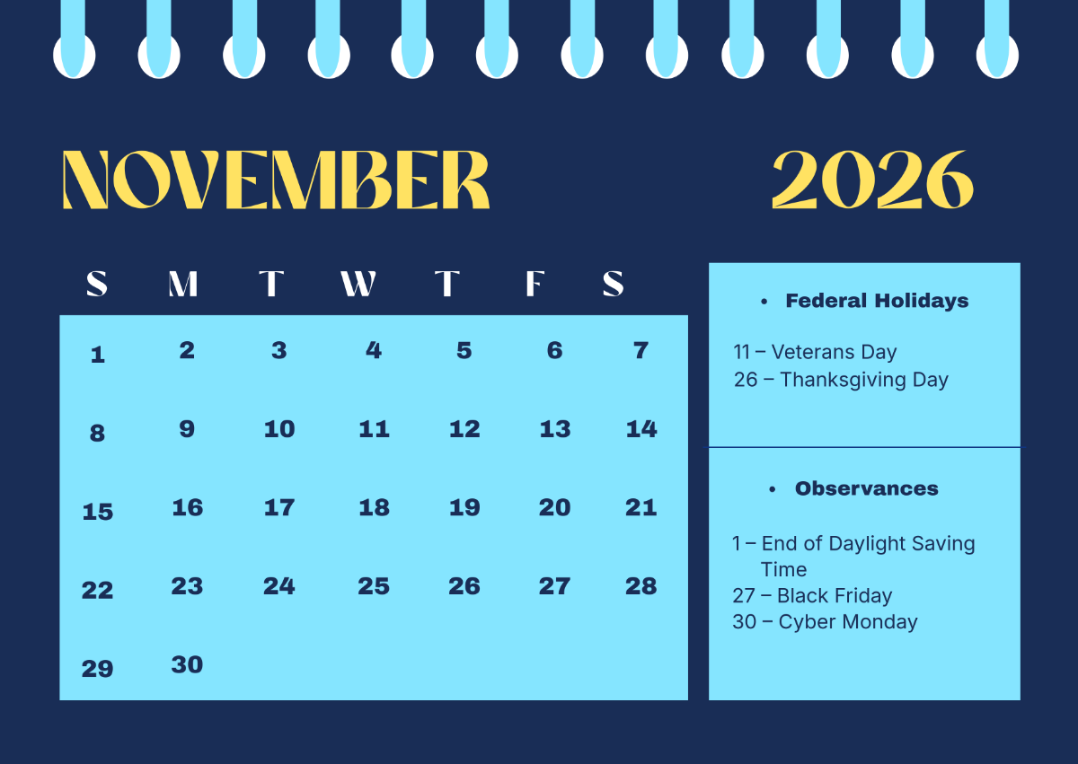 1200x851 Free November 2026 Calendar with Federal Holidays Template to Edit Online