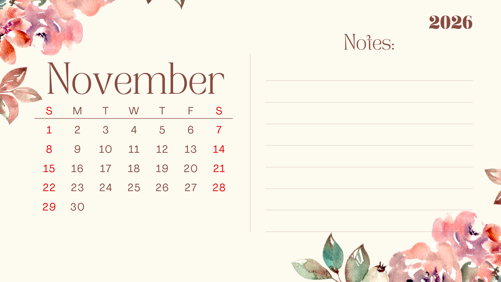 1920x1080 November 2026 Calendar Free Download