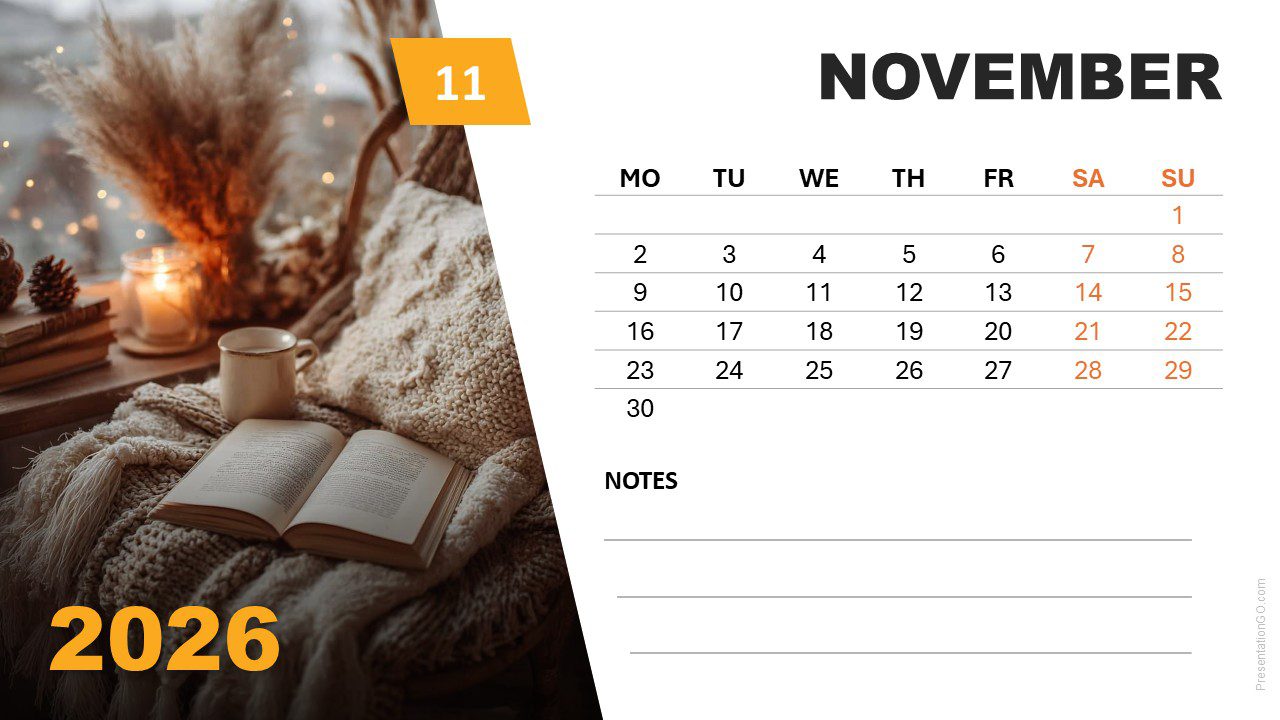 1280x720 Seasonal Photo Calendar (Monday Start) for PowerPoint