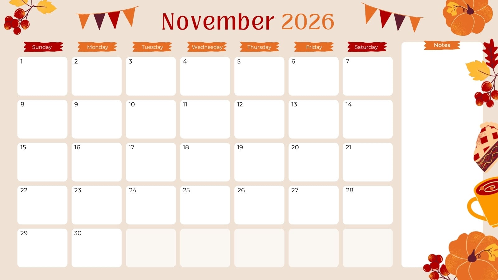 1600x900 Free and printable November 2026 calendar templates