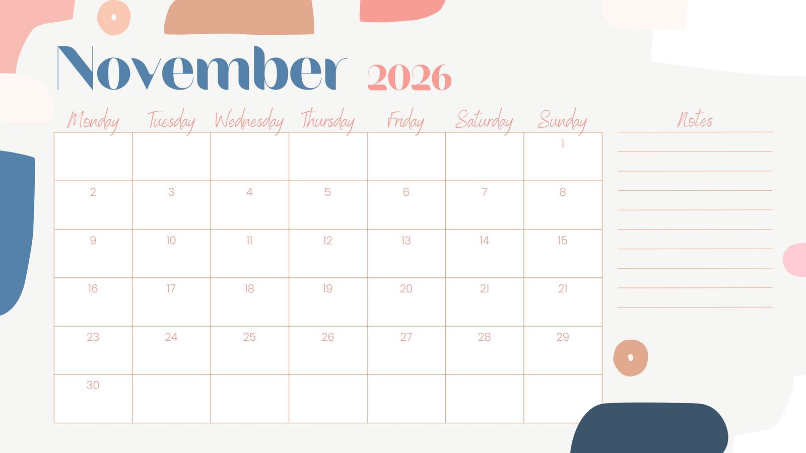 1600x900 and printable November 2026 calendar templates