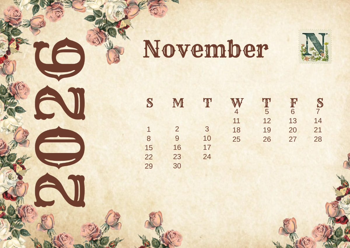 1200x851 Free Vintage 2026 Calendar Template to Edit Online