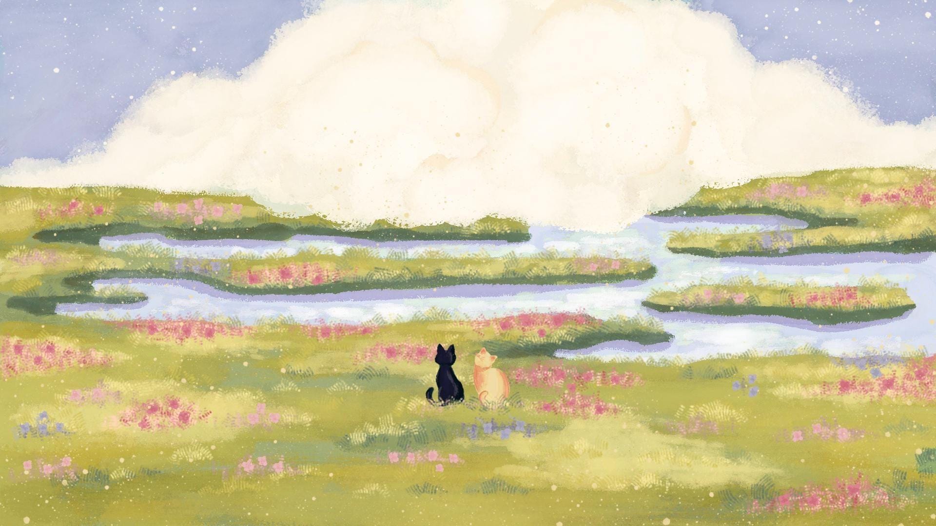 1920x1080 Ghibli Inspired Cat Desktop Wallpaper Cozy Hand Painted Pastel Cottagecore Lofi Aesthetic Digital Background Instant Download