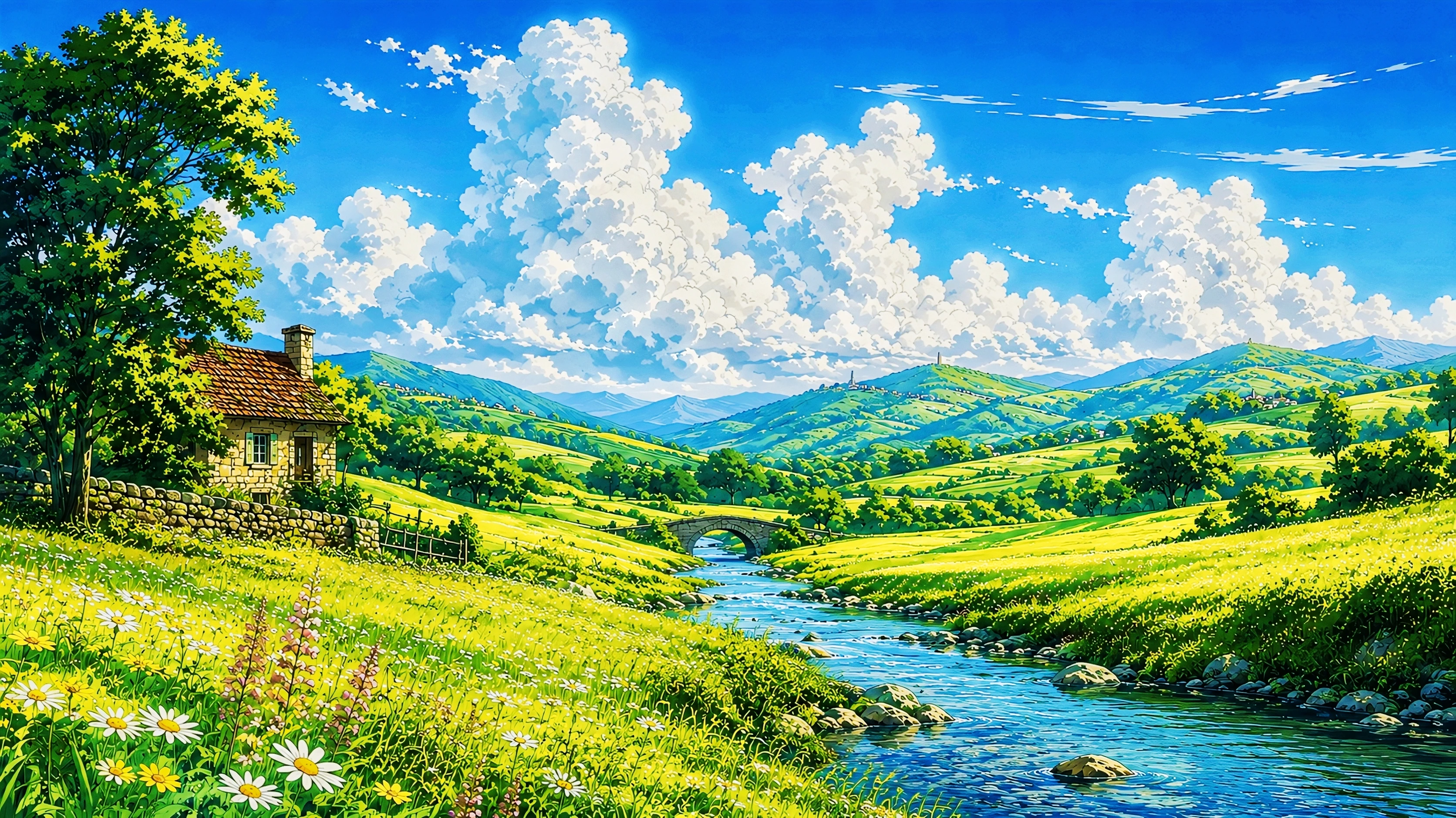 3344x1880 Studio Ghibli Style Countryside 4K Wallpaper