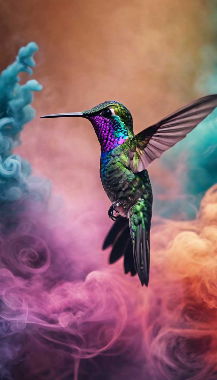 720x1260 A curious hummingbird weaving through spirals of intoxicating, brightly colored smoke. Wallpaper [3760e7e17ee3438f9448]