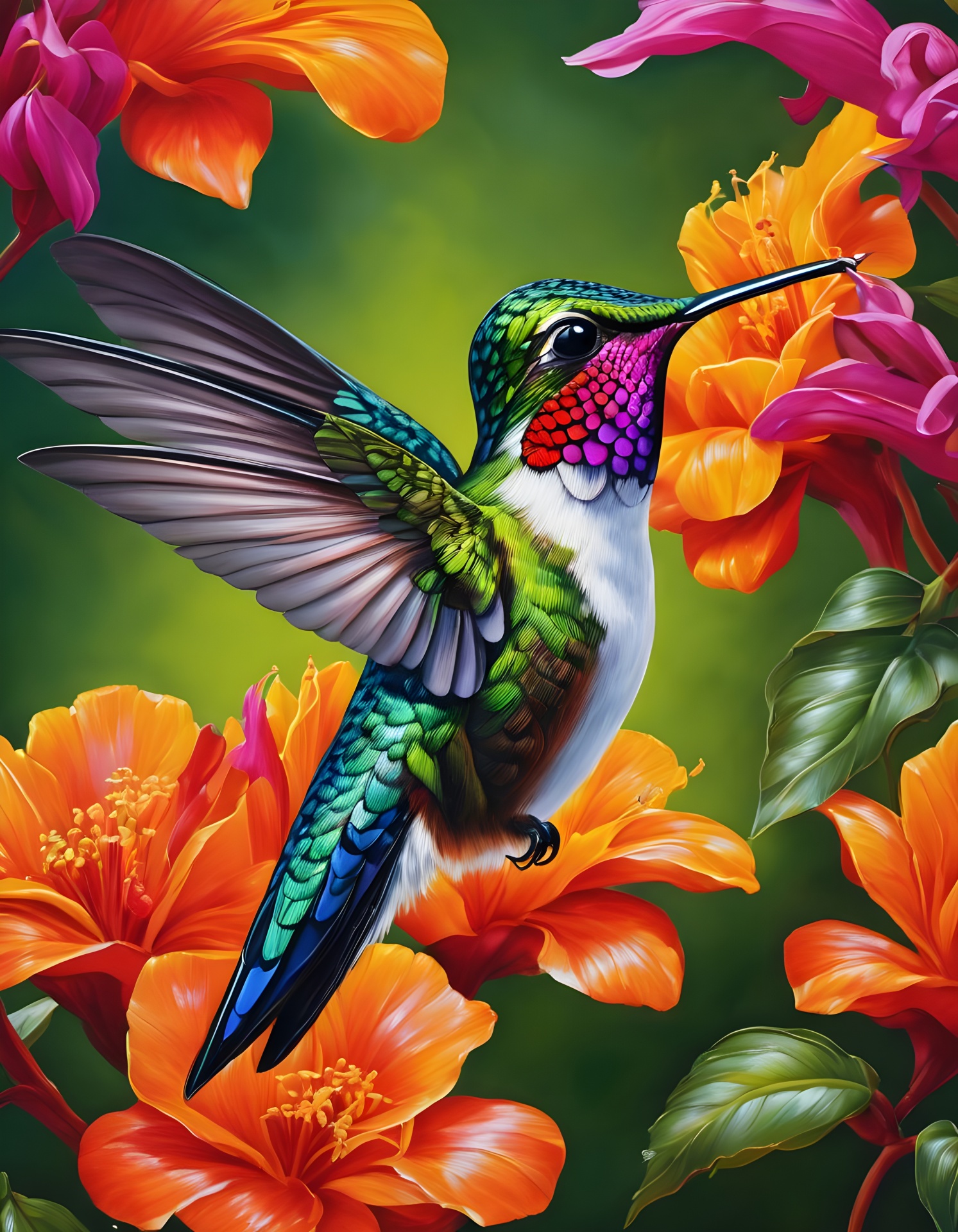 1493x1920 Hummingbird bird flowers illustration