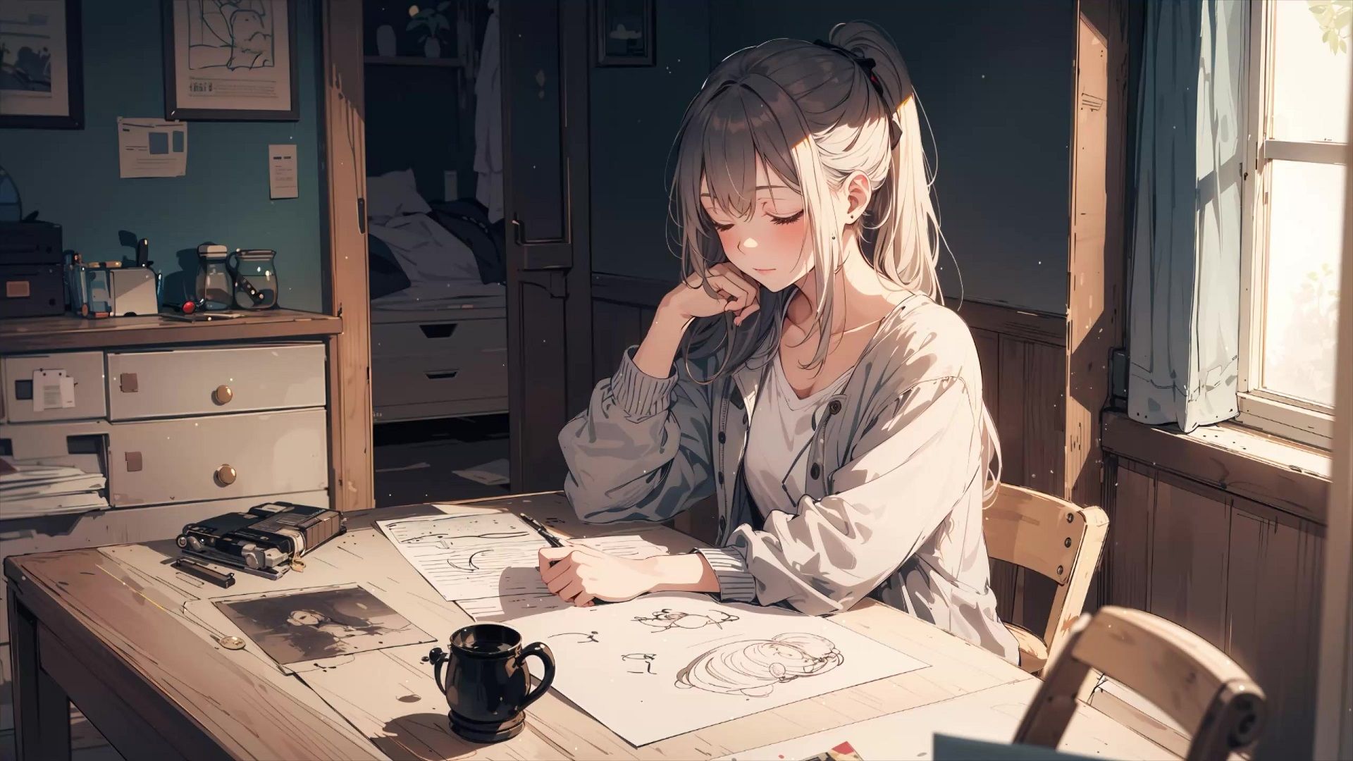 1920x1080 Tired Anime Girl Napping Live Wallpaper