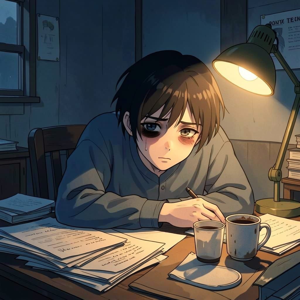 1024x1024 Exhausted Person Slumped at Desk in Anime Style