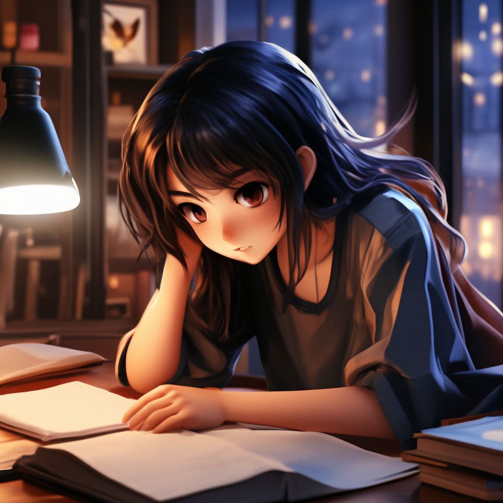 1024x1024 Tired anime girl learns lessons at night at home