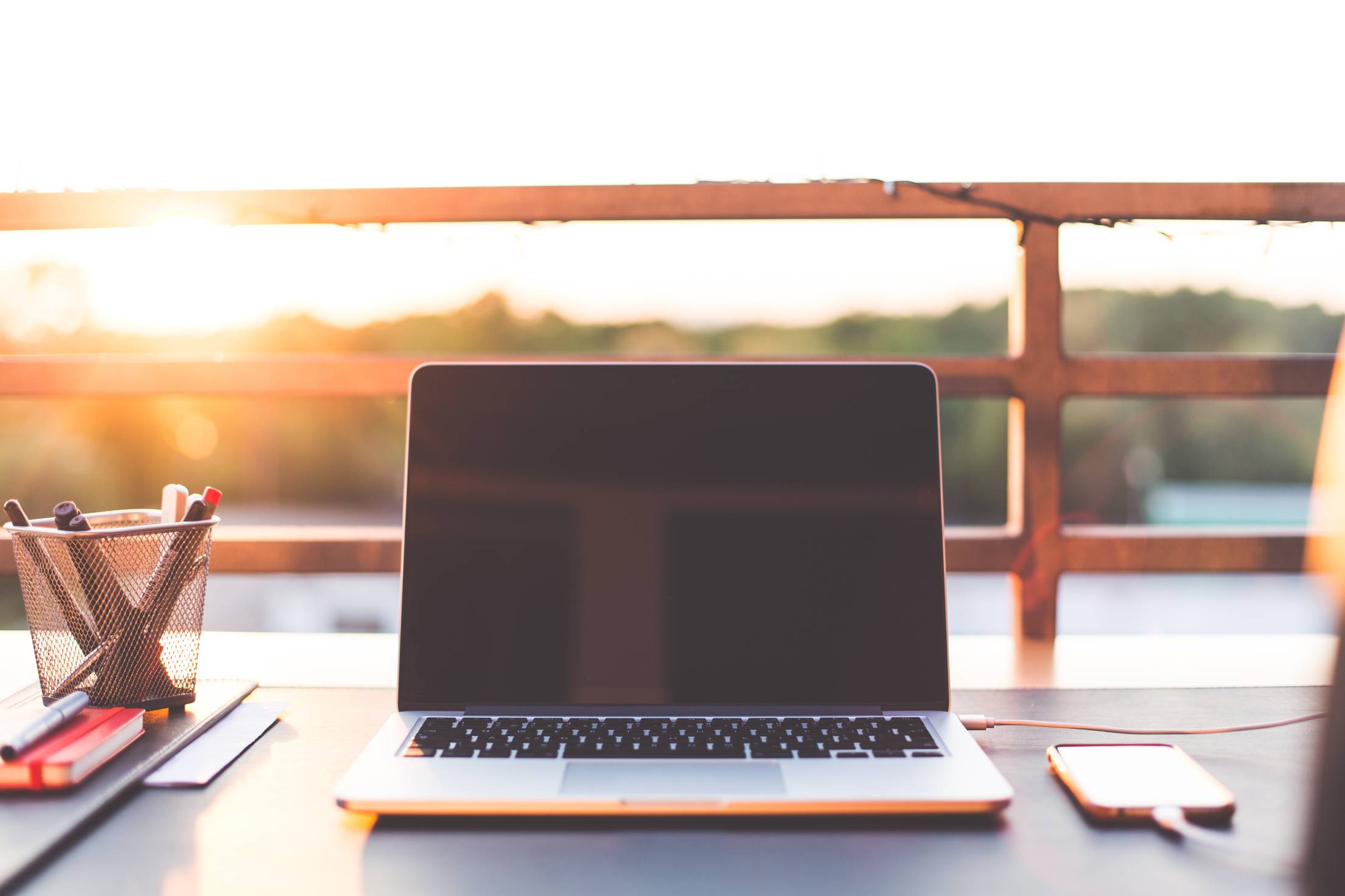 2210x1473 Sunset Home Office Working with Laptop on the Garden. Free Business Photo