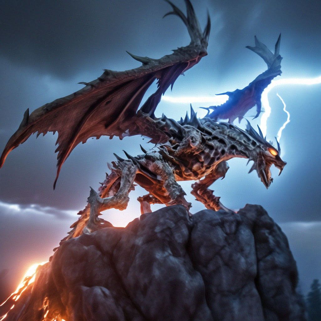 1024x1024 Warcraft style, great huge menacing undead dragon, skeleton glowing with lightning, on a rock ledge spreading his