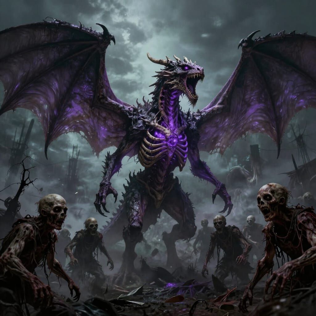 1024x1024 Undead Dragon Roars Over Zombie Horde in Dark Fant