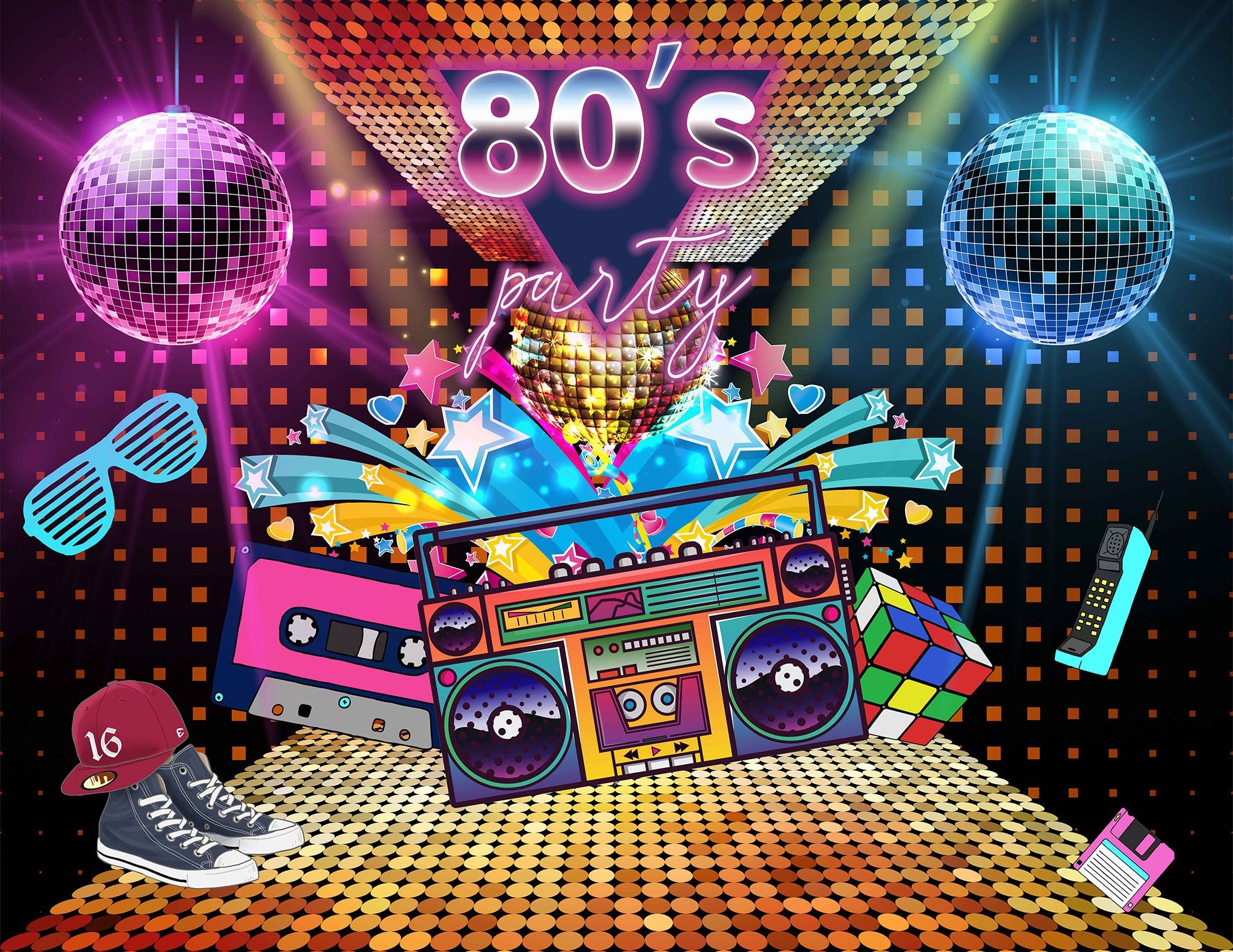 2000x1545 80s Party Photo Backdrop Retro Disco Photography Hip Hop Background Vinyl Photo Studio 1980's Neon Eighties Banner