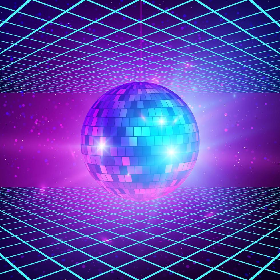 980x980 Retro background with laser rays and mirror ball. Disco party 80s poster template. Vector illustration