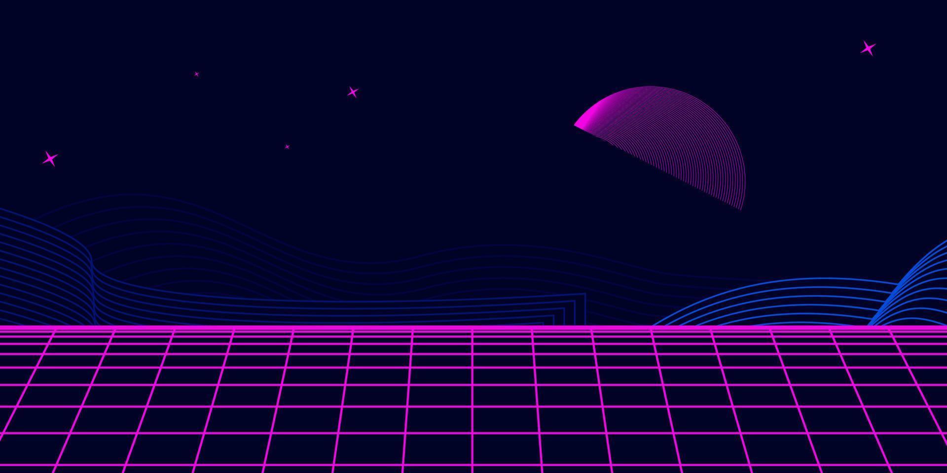 1920x960 Retro Background Futuristic Landscape 1980s Style. Digital Retro Landscape Cyber Surface. 80s Party Background. Retro 80s Fashion Sci Fi Background. Digital Cyber Surface