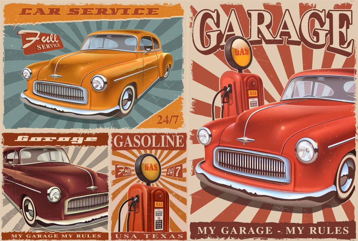 1214x818 Vintage Car Mural Wallpaper. Retro American Garage Design