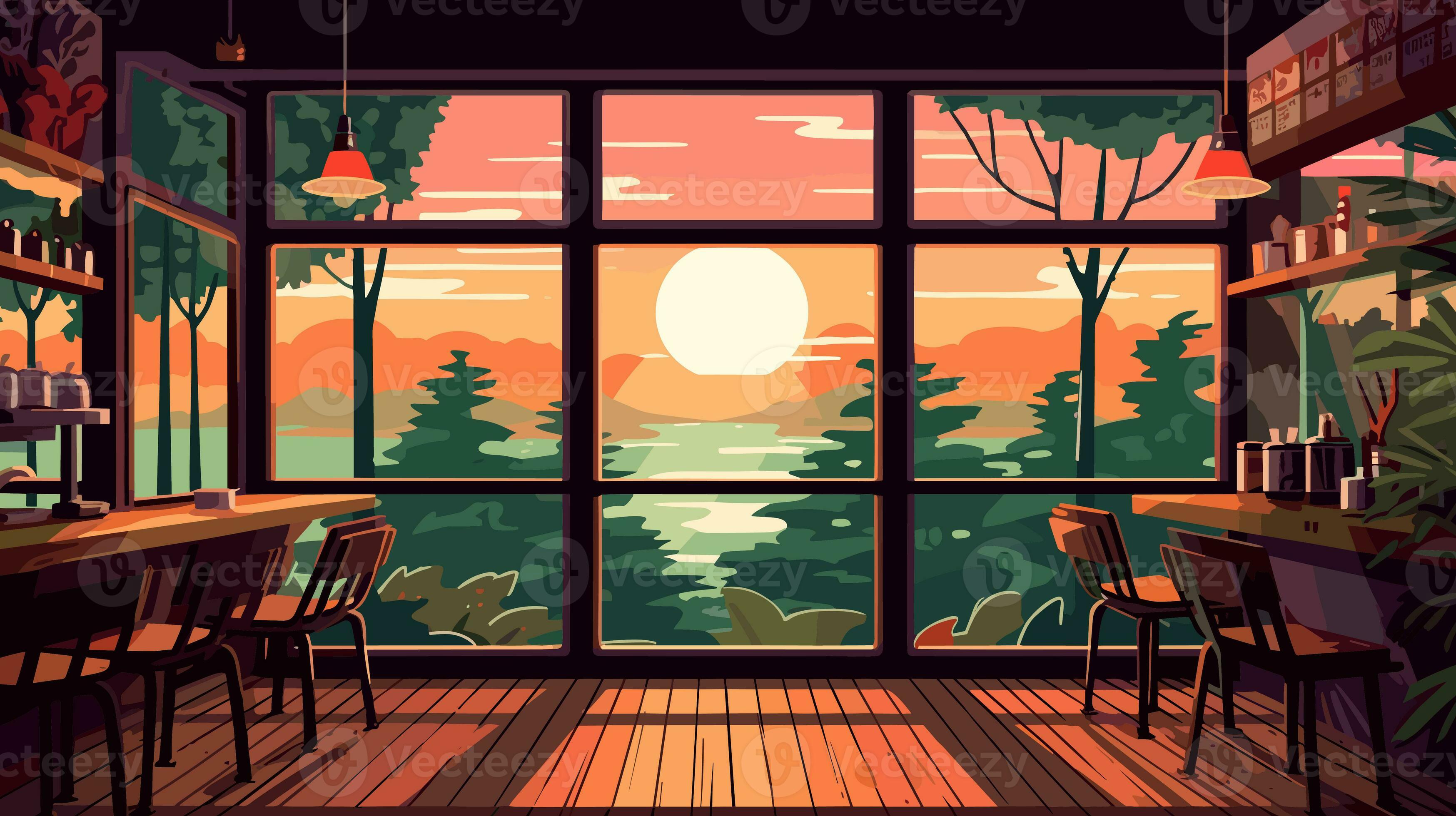 3496x1960 coffee shop with large windows looking out into the groove lofi world