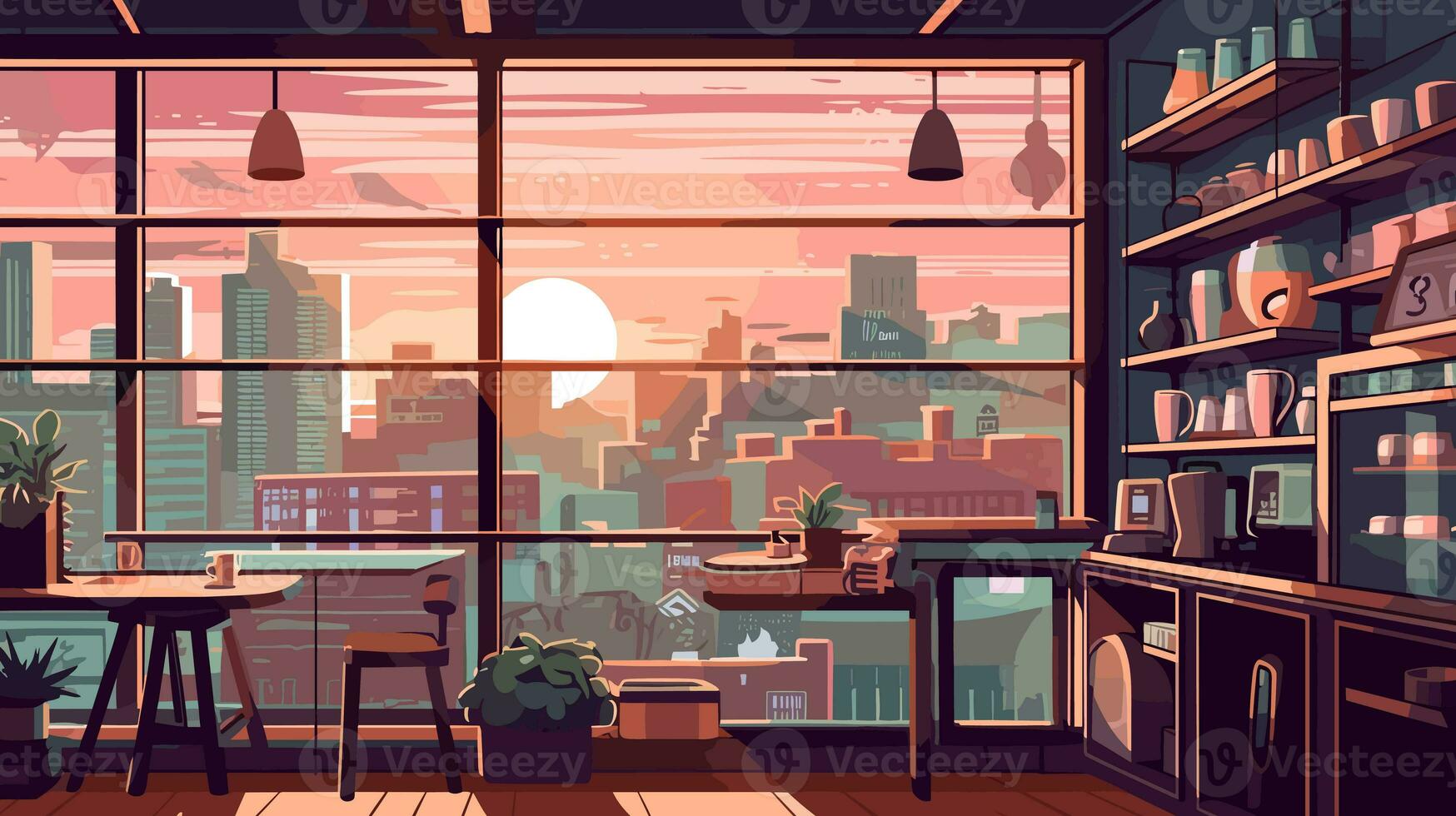 1748x980 coffee shop with large windows looking out into the groove lofi world