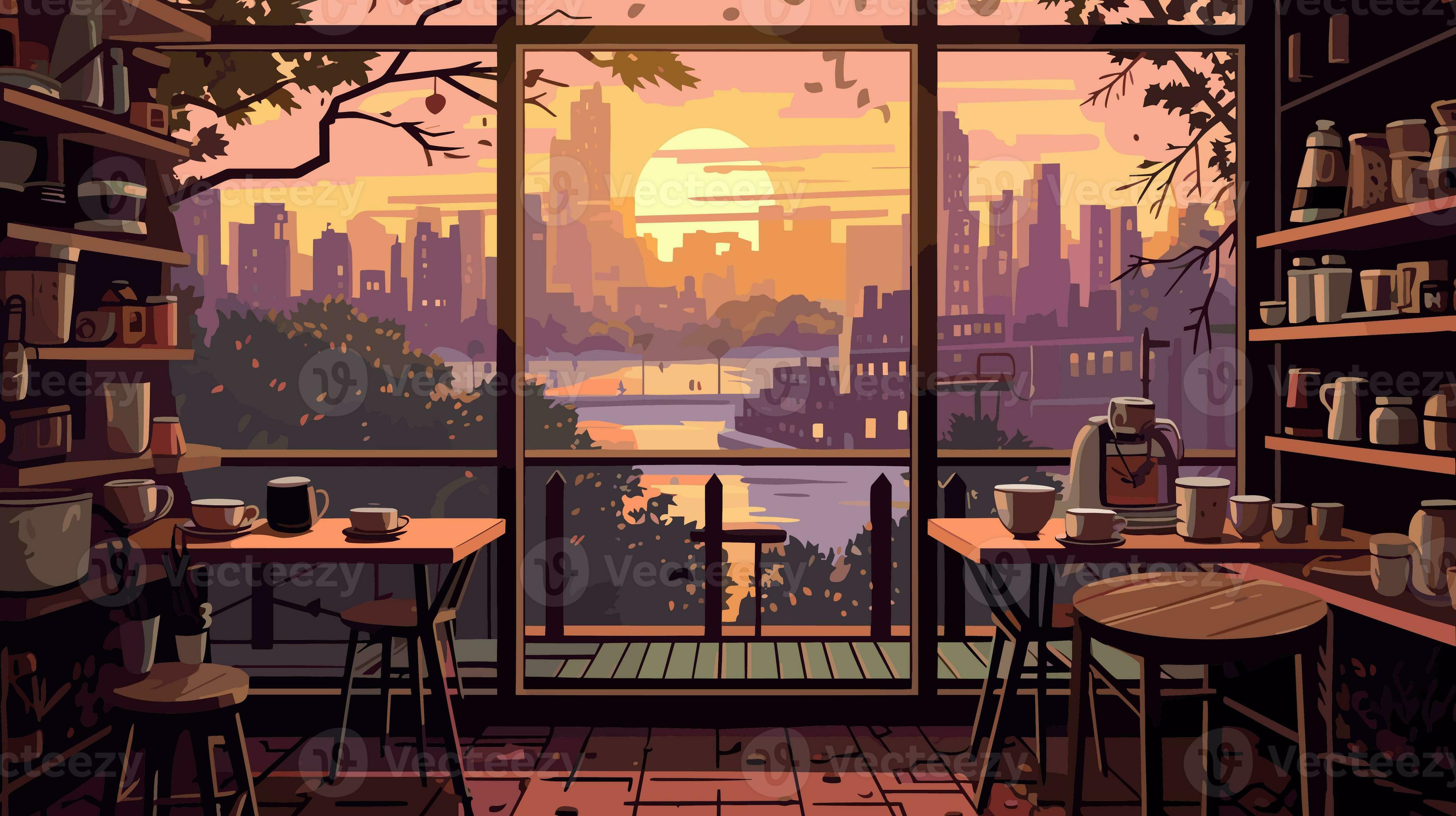 3497x1960 coffee shop with large windows looking out into the groove lofi world