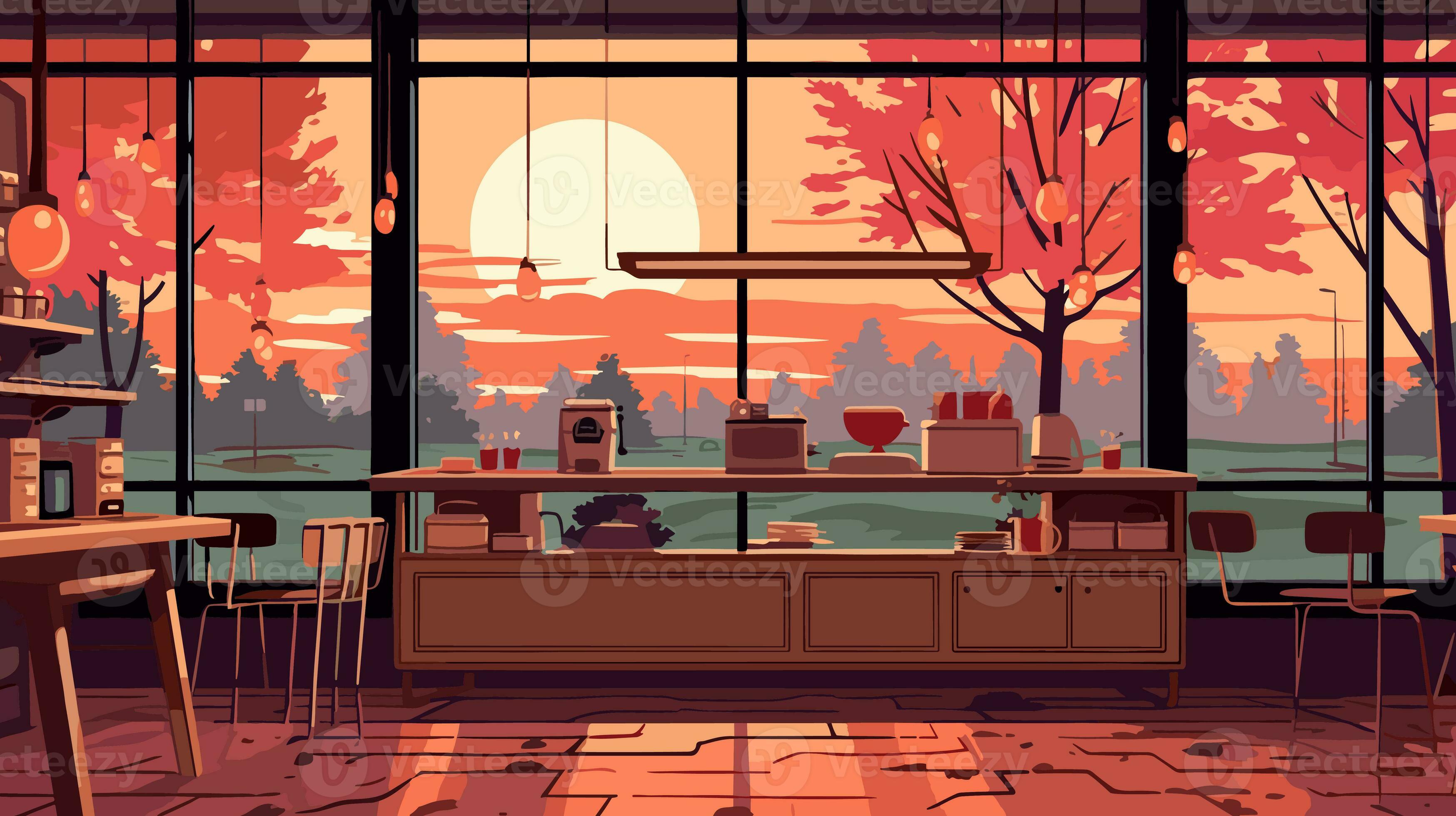3496x1960 coffee shop with large windows looking out into the groove lofi world