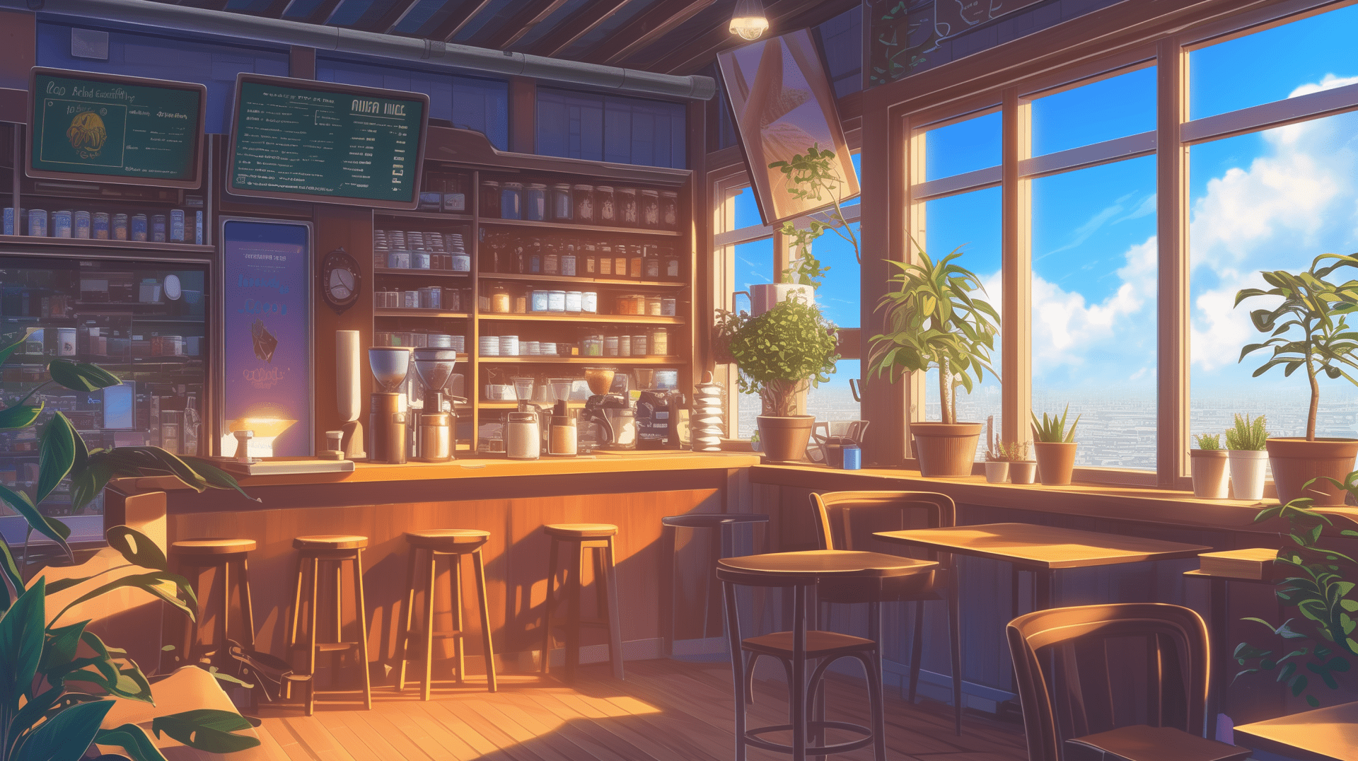 1920x1076 Cozy Lofi Coffee Shop Wallpaper