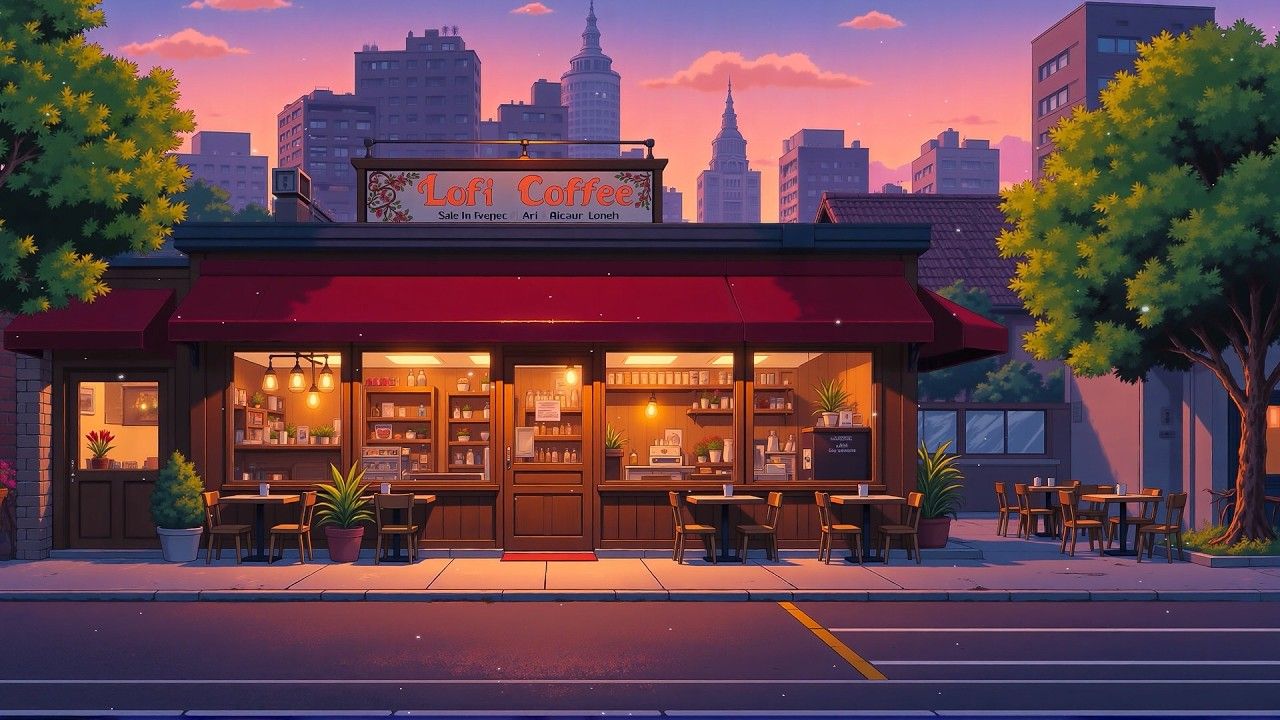 1280x720 Sunset Lofi Coffee Shop ☕ Warm City Glow & Cozy Café Ambience. Chill Lofi Beats for Study, Work