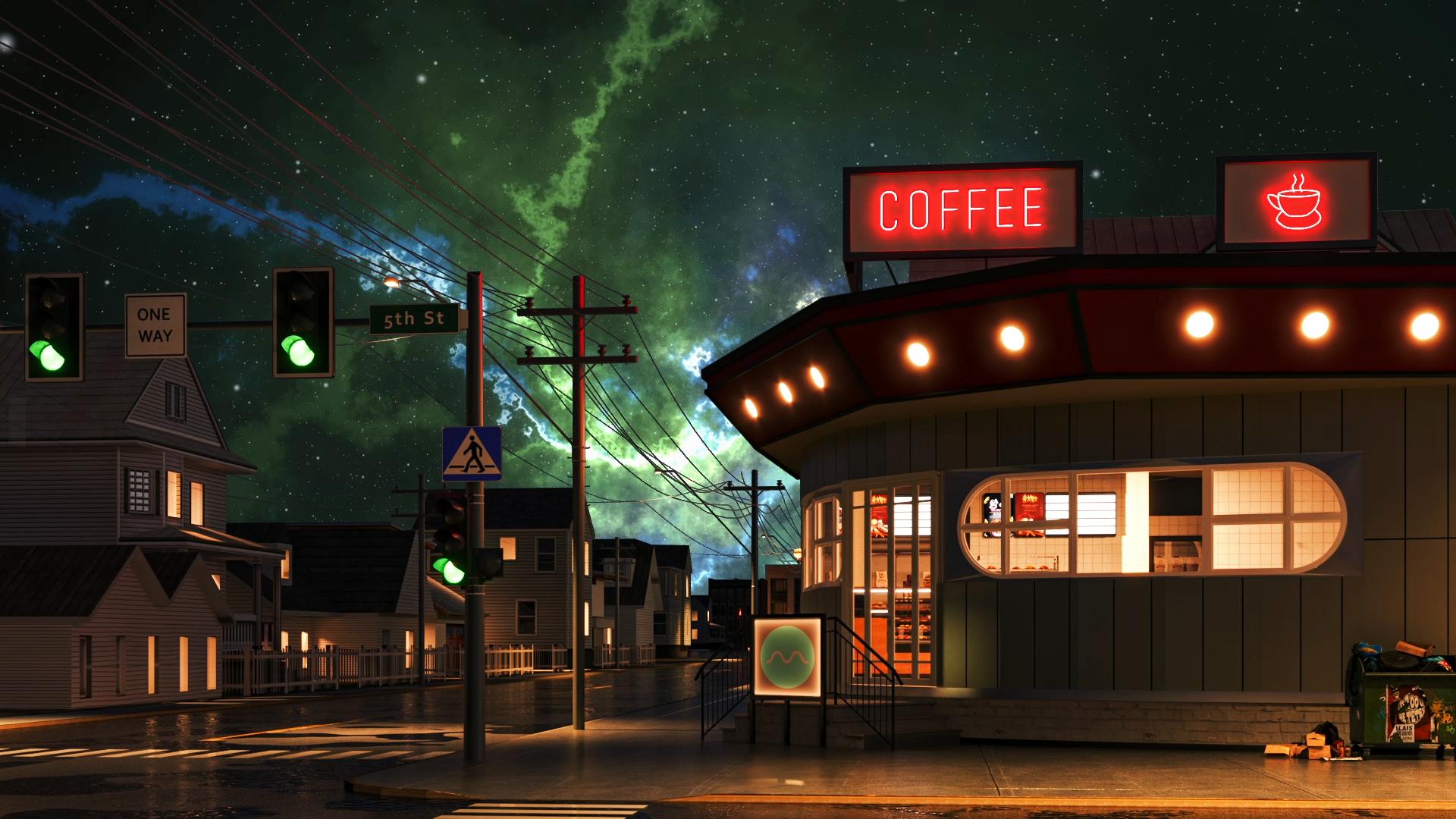 1920x1080 coffee shop in outer space
