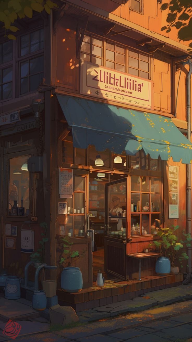 736x1313 Cityscape Painting: Restaurant on the Corner. Lofi coffee shop wallpaper, Lofi cafe wallpaper, Art wallpaper
