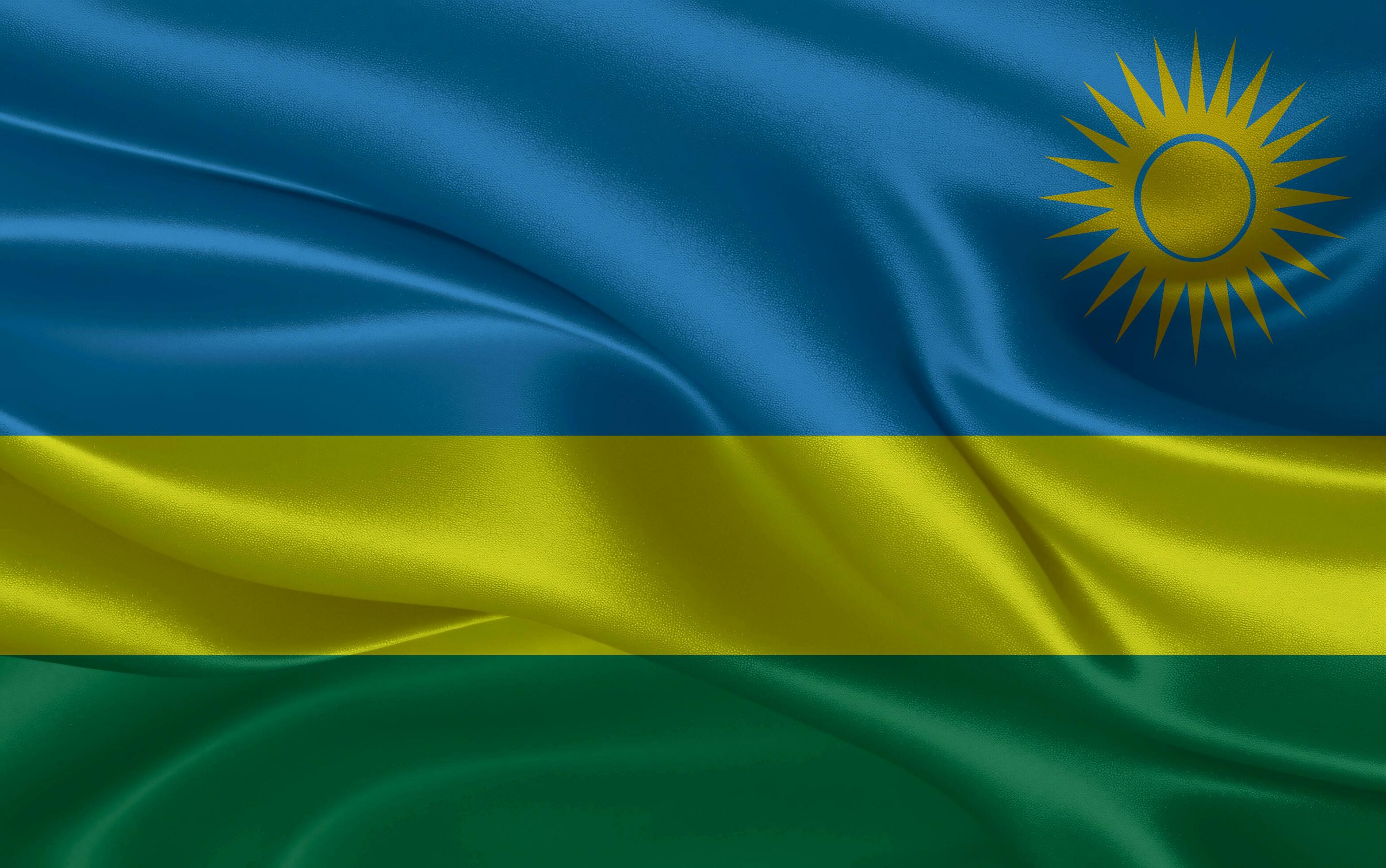 3129x1960 3D waving realistic silk national flag of Rwanda. Happy national day Rwanda flag background. close up