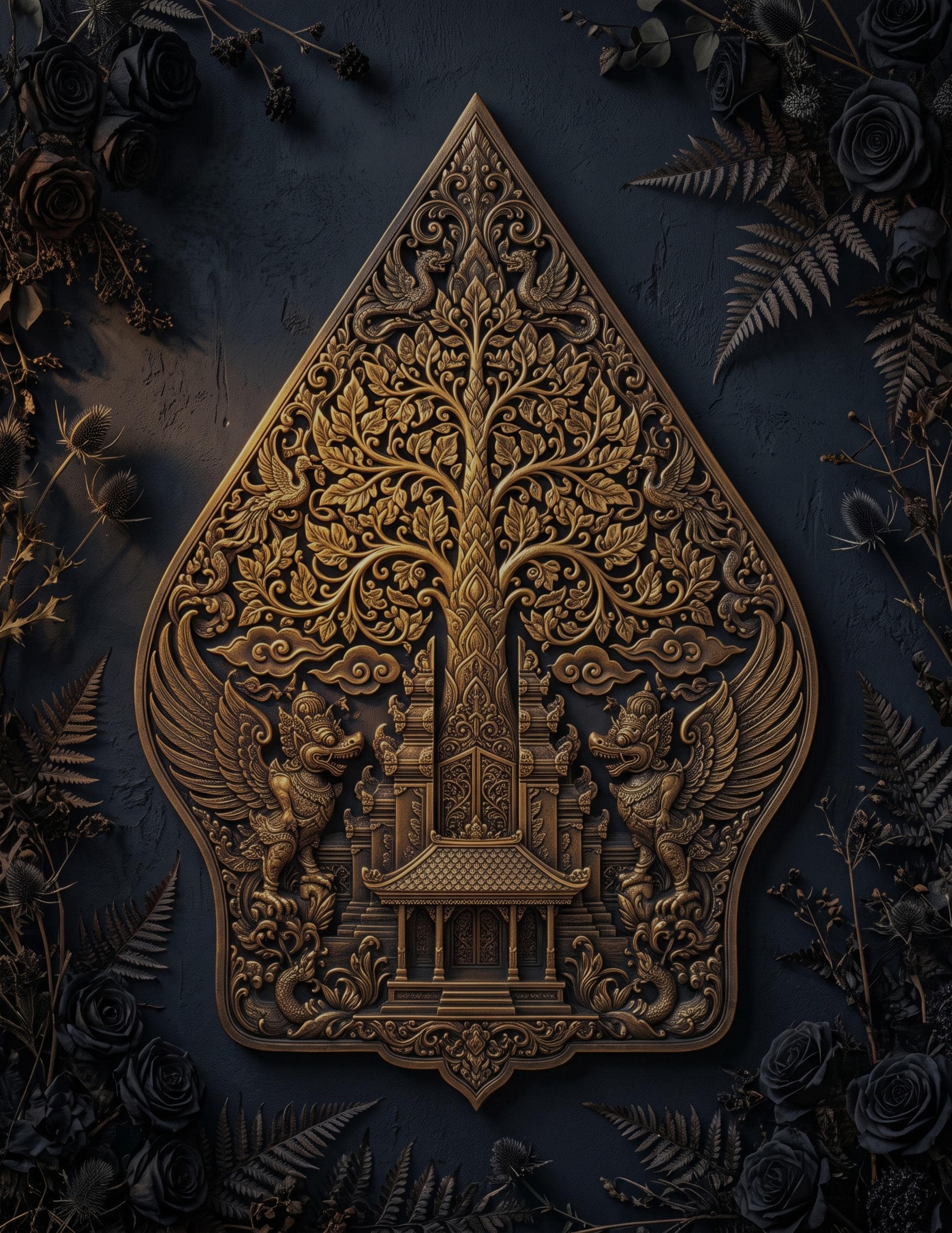 2318x3000 Gunungan Gold Silhouette Wall Art. Dark Botanical Printable. Javanese Wayang Tree of Life Poster. Gothic Gold Decor