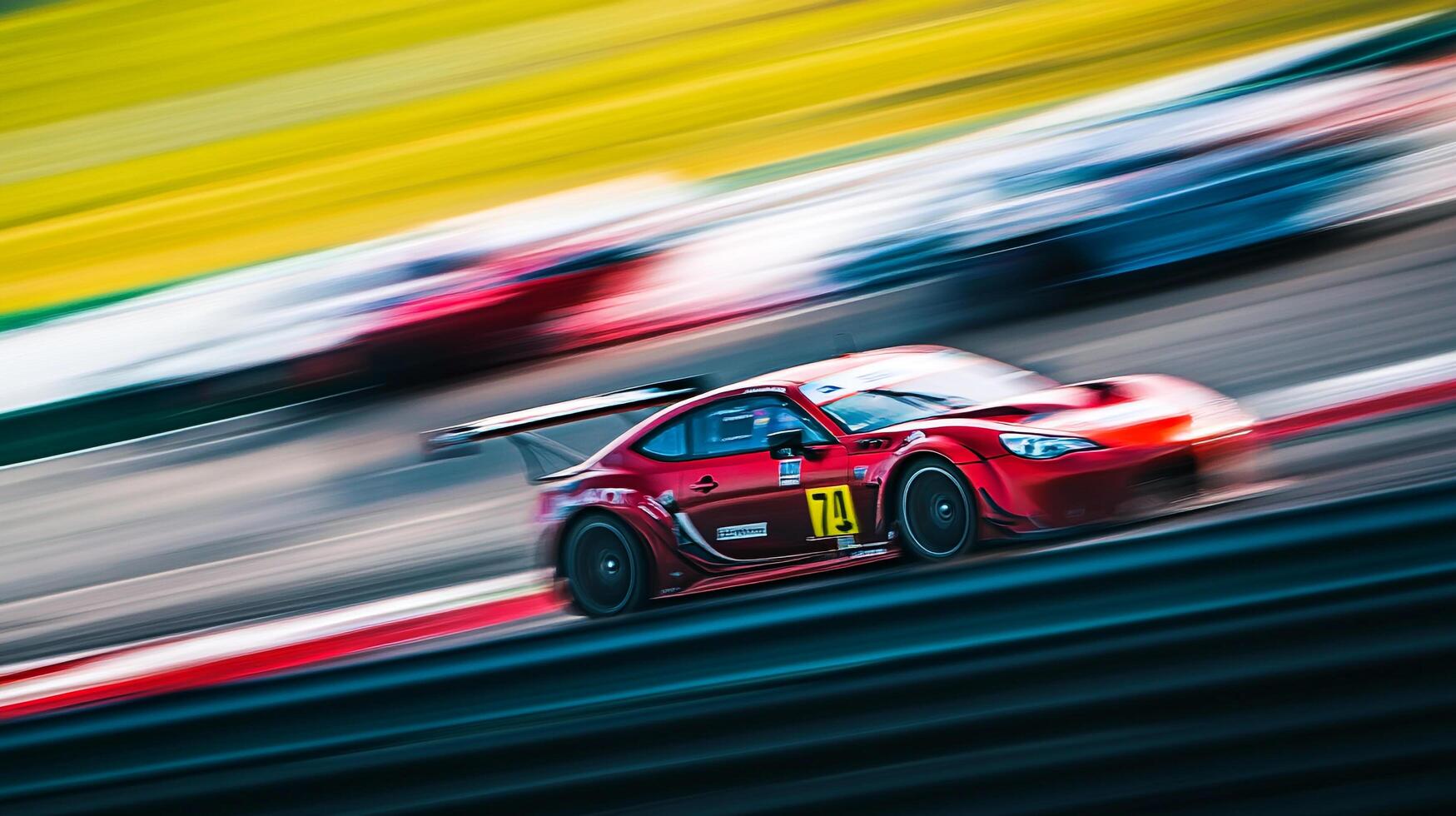 1749x980 Red race car speeding along a track with blurred motion, illustrating high speed and competition. Action shot showing race