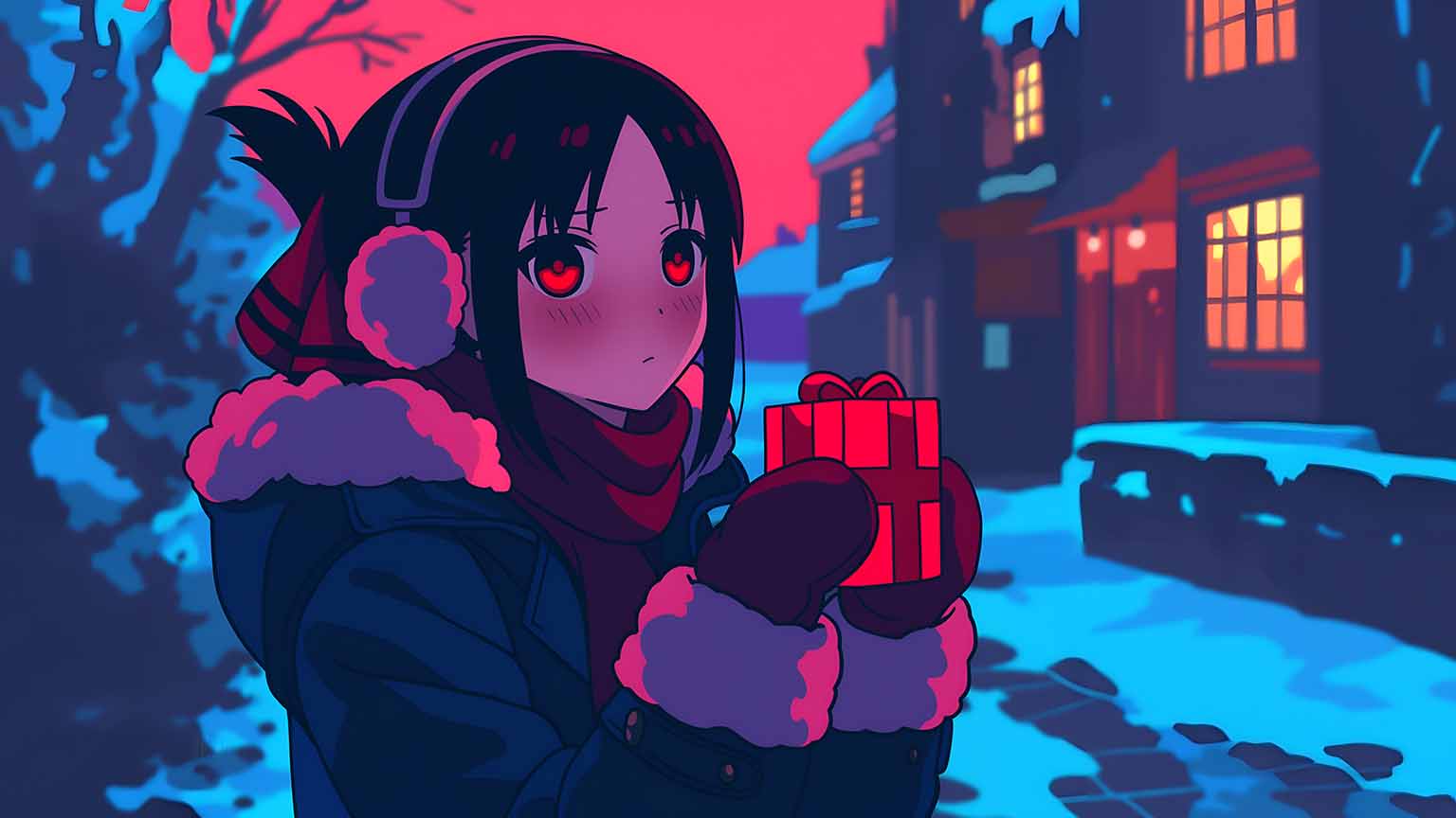 1536x864 Love Is War Kaguya Shinomiya Holding Gift Blushing Wallpaper