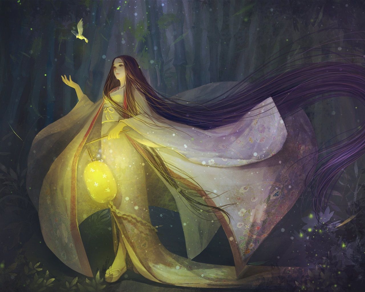 1280x1024 Wallpaper The Tale of the Princess Kaguya, night, lamp, bird 1920x1200 Picture, Image