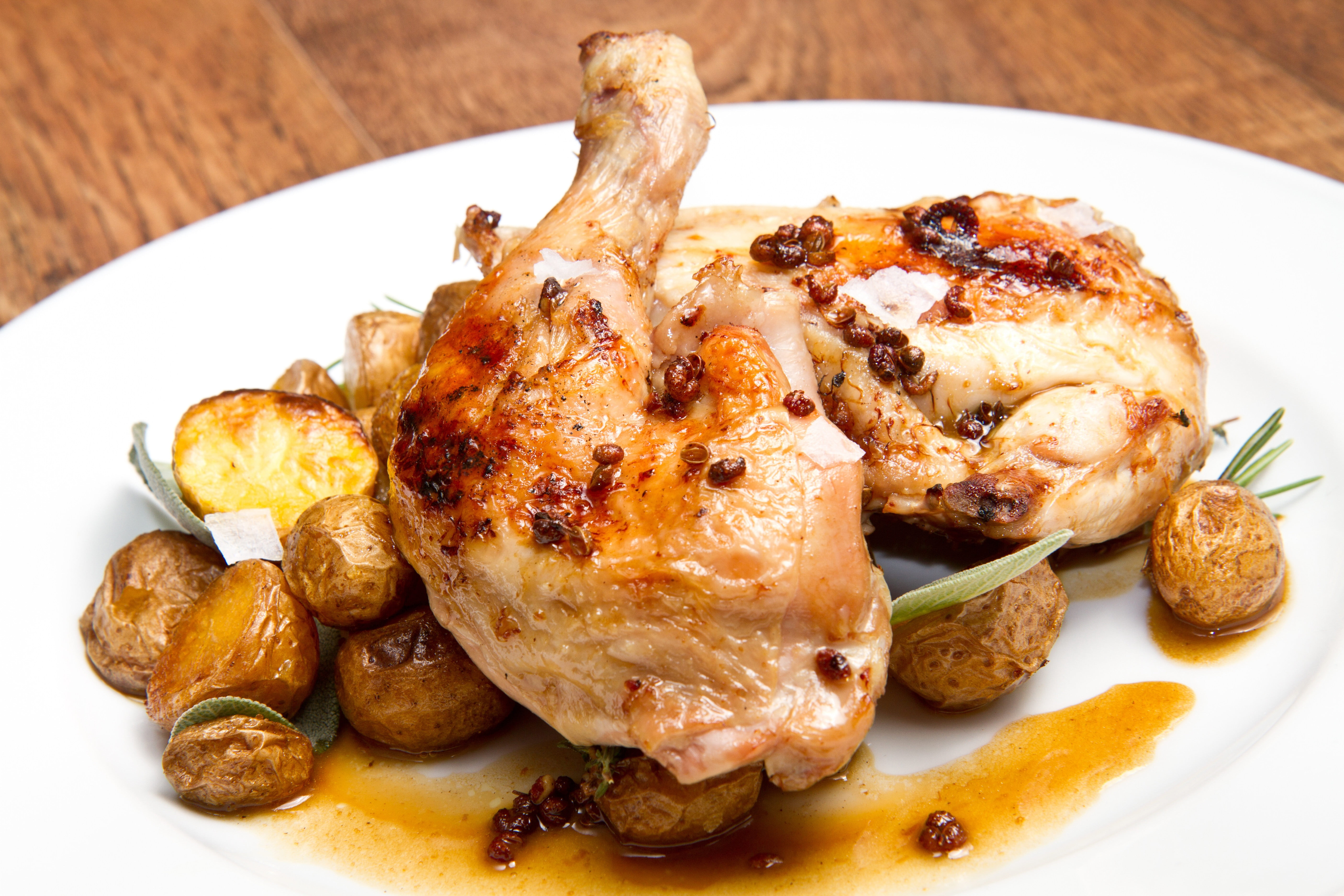 5616x3744 Grilled chicken legs and potatoes HD wallpaper