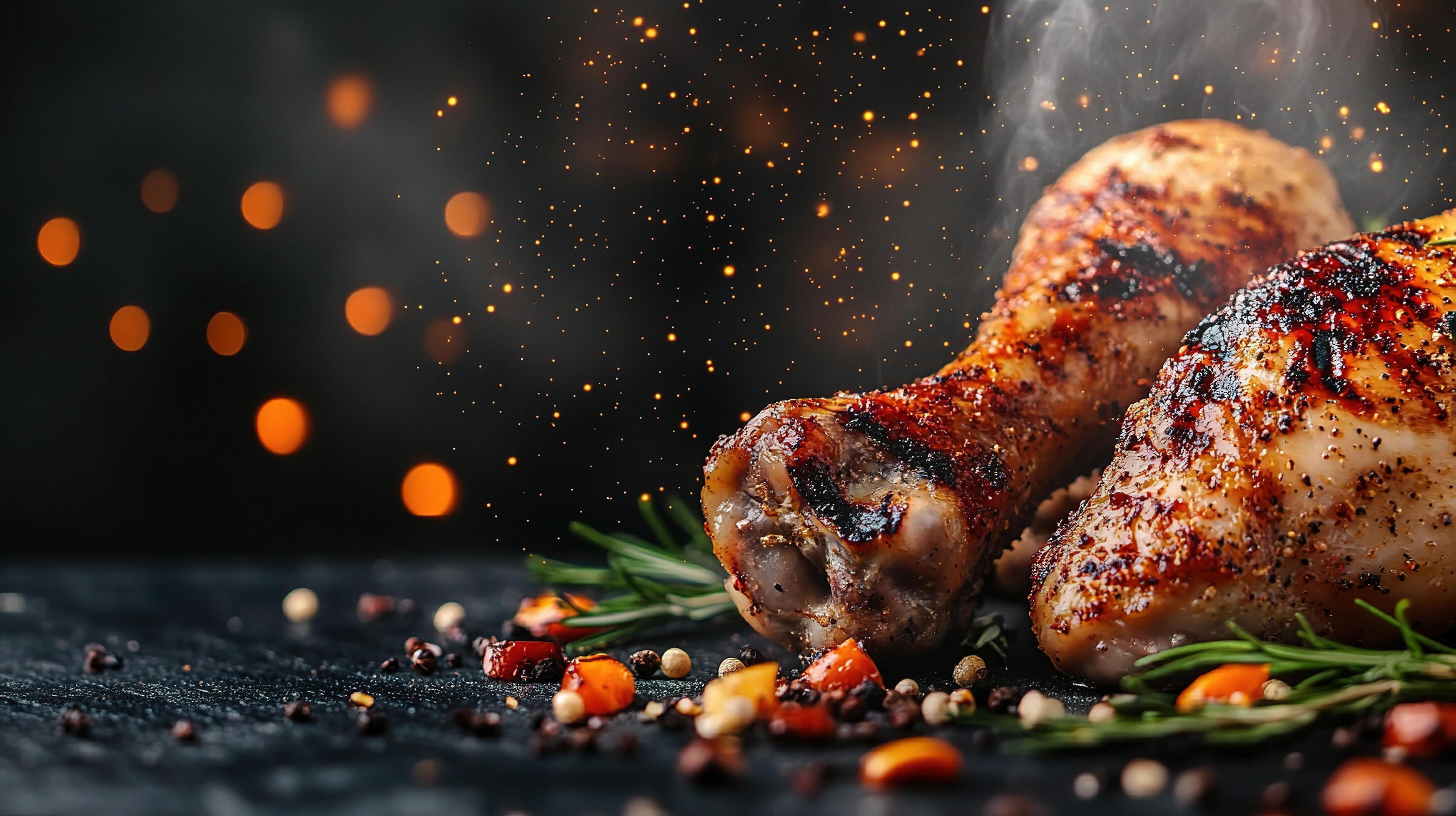 3497x1960 Grilled chicken legs with spices and herbs on a black background
