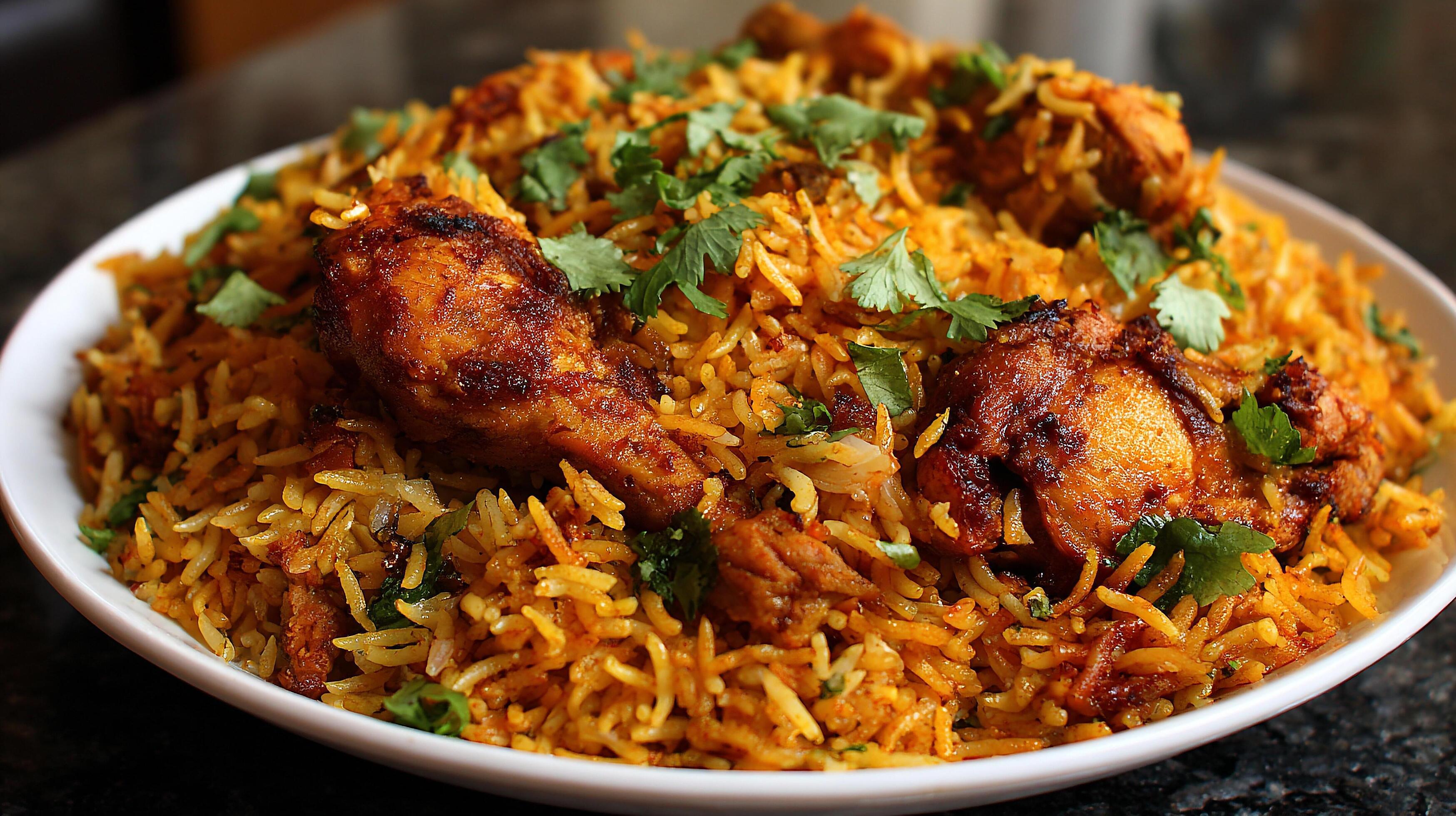 3497x1960 Juicy biryani chicken leg with flavorful rice on plate wallpaper