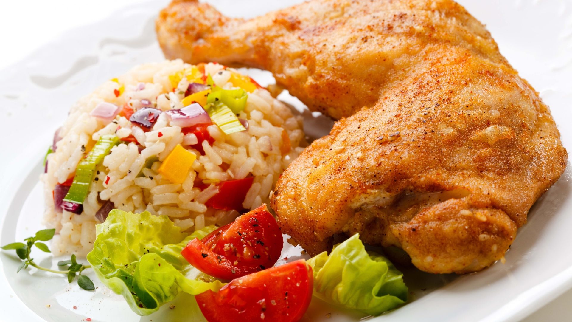 1920x1080 Appetizing fried chicken leg with rice and vegetables Desktop wallpaper 1920x1080