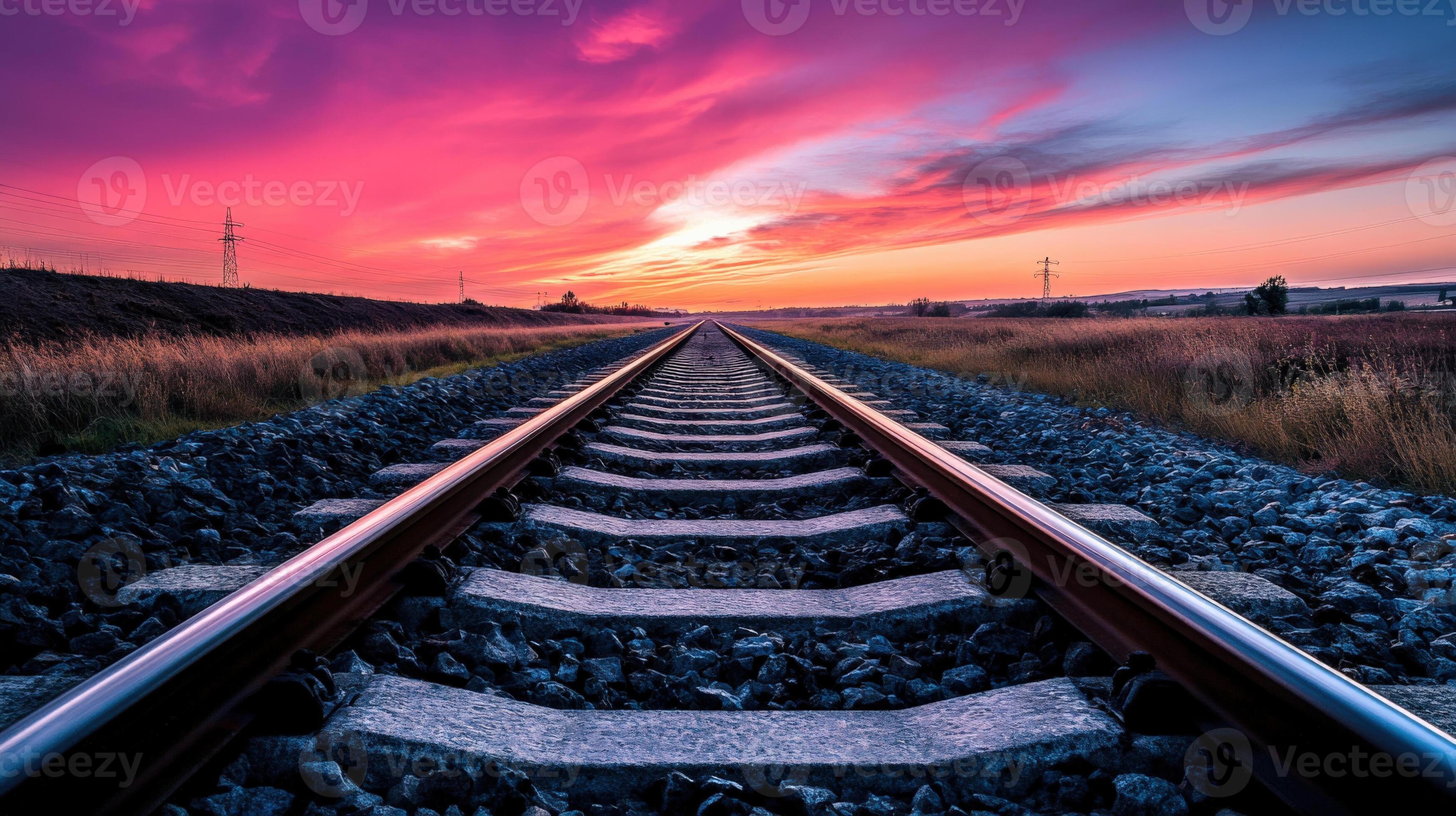 3497x1960 Ein Eisenbahn Spur Mit Ein Sonnenuntergang Im Das Hintergrund 68978227 Stock Photo Bei Vecteezy