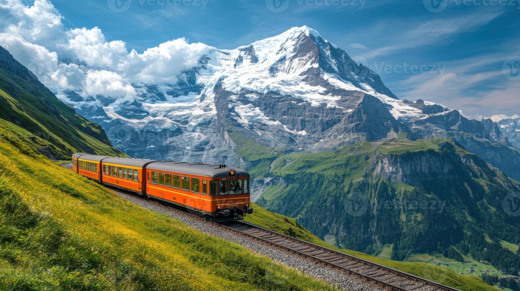 1749x980 Berg Zug Fahrten Durch Grün Hügel. Schneebedeckt Gipfel Und Blau Himmel Erstellen Ein Szenisch Landschaft. Orange Eisenbahn Auto Reise Im Natur. 59999338 Stock Photo Bei Vecteezy