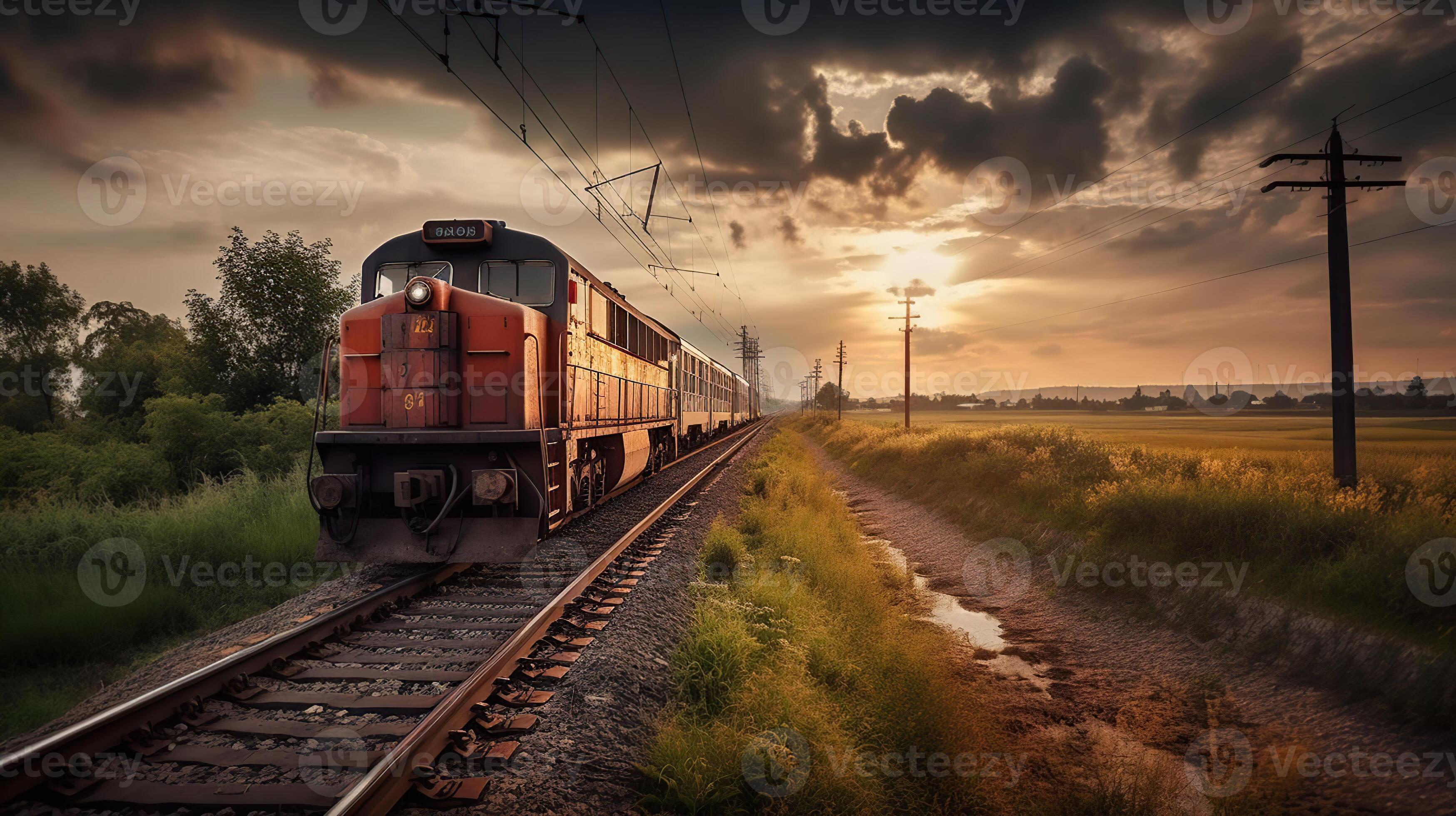 3497x1960 Zug Auf Das Eisenbahn, Sonnenuntergang Hintergrund Generativ Ai 23330706 Stock Photo Bei Vecteezy