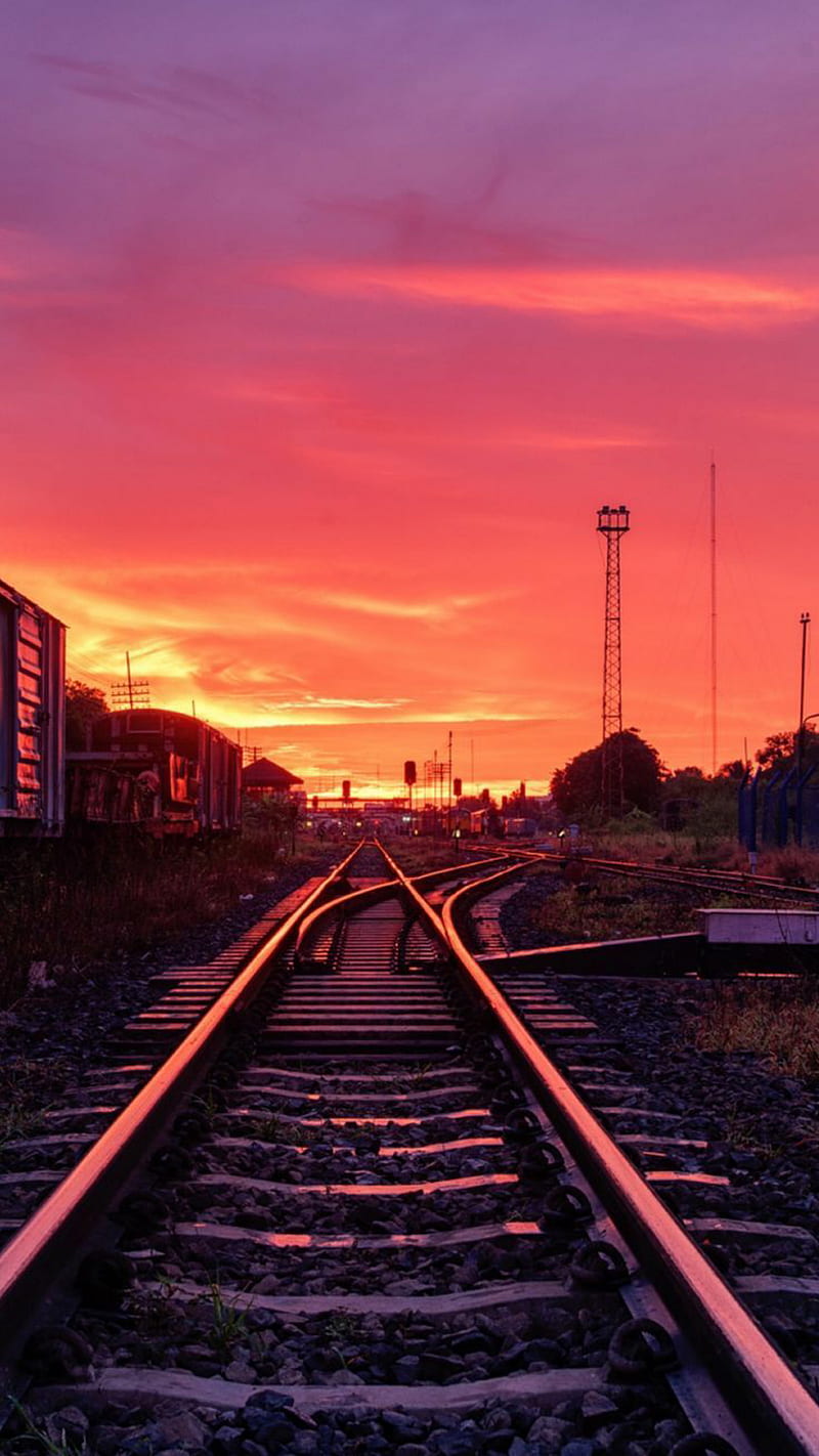 800x1422 Eisenbahn Sonnenuntergang, Dunkel, Natur, Schiene, Straße, HD Handy Hintergrundbild