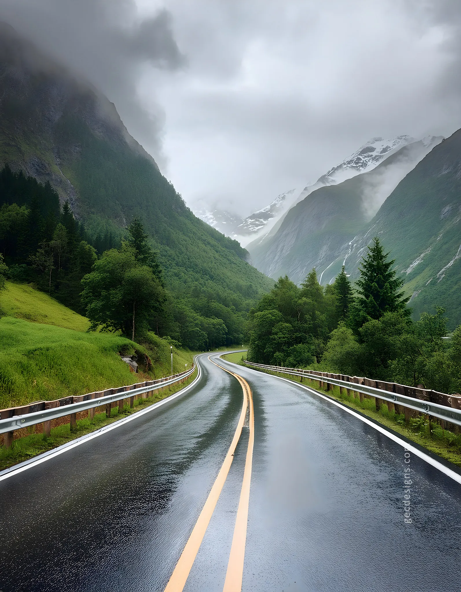 1593x2048 Curvy road into the mountains on rainy day wallpaper: Free & Premium Creative Assets
