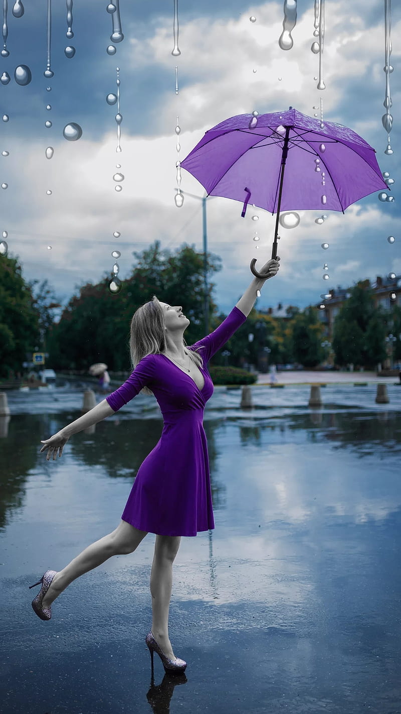 800x1422 Rainy day, black and white, black and white, pretty, purple dress, rain, rain drops, HD phone wallpaper