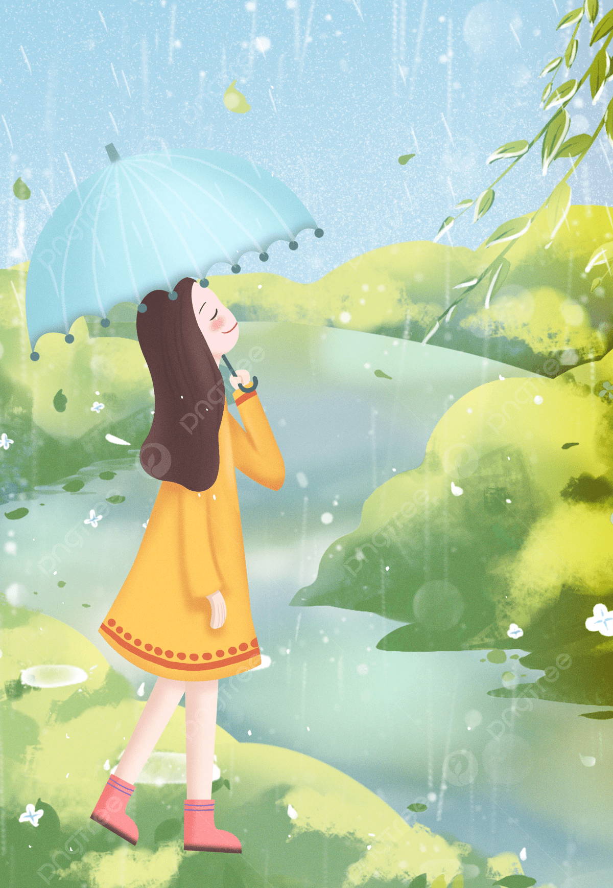 1200x1737 Rainy Day Cute Girl Literary Fresh Watercolor Background Wallpaper Image For Free Download
