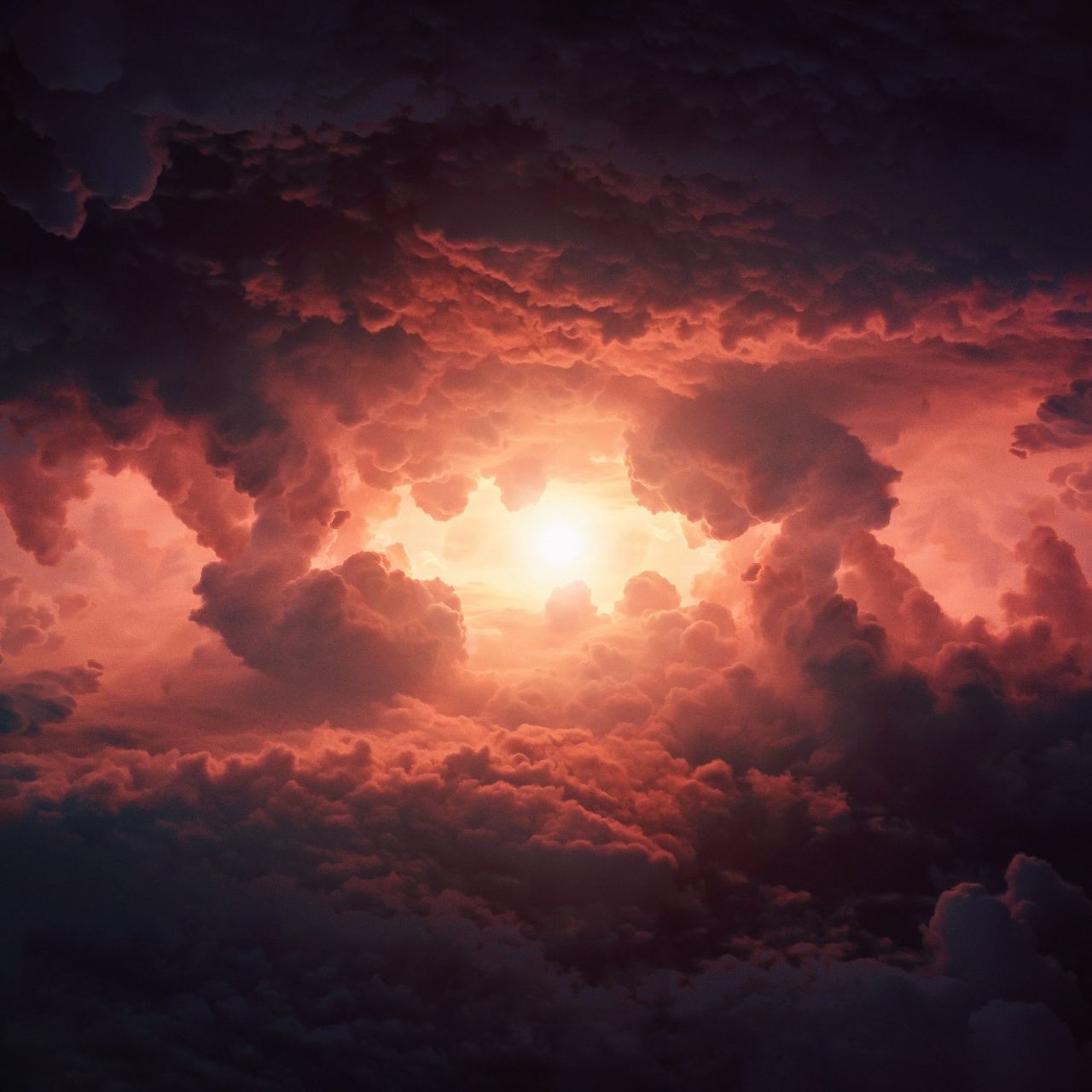 1280x1280 Cumulus clouds Wallpaper 4K, Storm, Dark clouds, Sun light