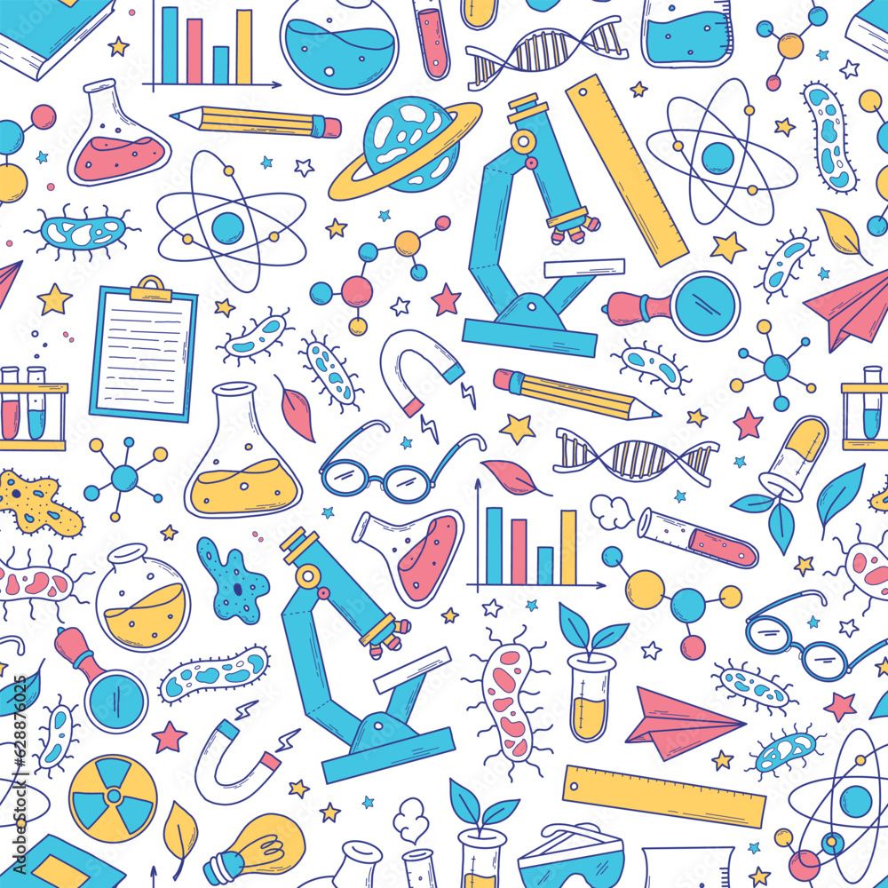 1000x1000 Photography Poster science seamless pattern with doodles, cartoon elements, supplies on white background for wallpaper, wrapping paper, stationary, prints, scrapbooking, etc