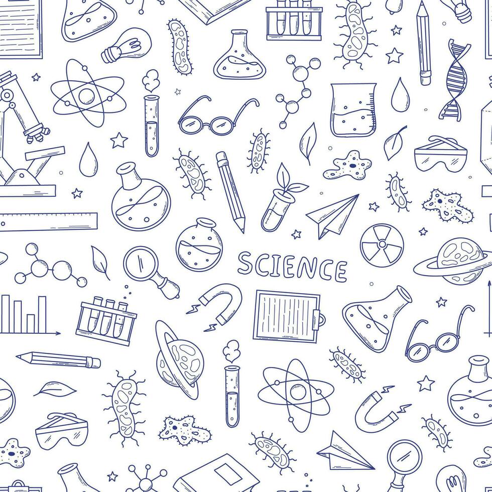 980x980 monochrome science seamless pattern with sketched doodles, cartoon elements for wallpaper, background, wrapping paper, packaging, prints, stationary, scrapbooking, etc. EPS 10