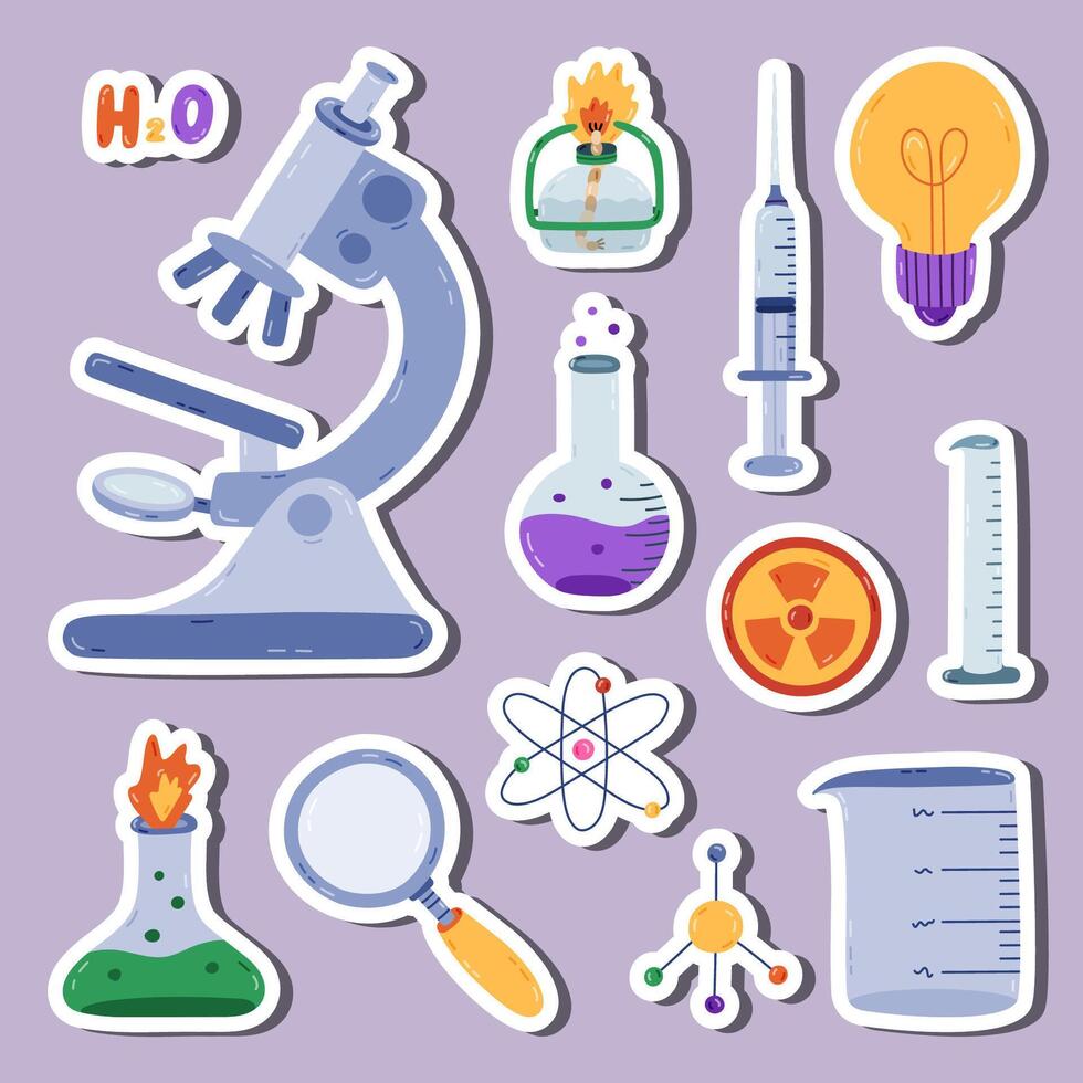 980x980 Cute sticker set with cartoon chemistry, science and laboratory clipart for planners, notebooks. Ready for print list of cute stickers. Lab equipment for chemical, genetic, medical experiment, study. 54225587 Vector Art